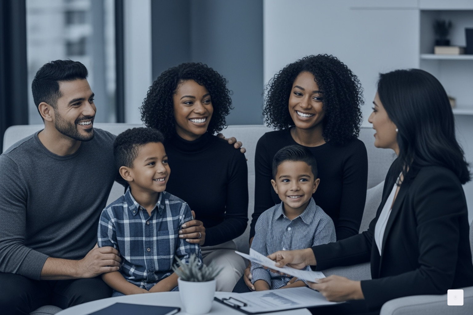 A family, father, mother, and their three children, smiles confidently while speaking with a Benzel-Busch finance expert, in a comfortable, modern office setting - certified pre-owned financing rates