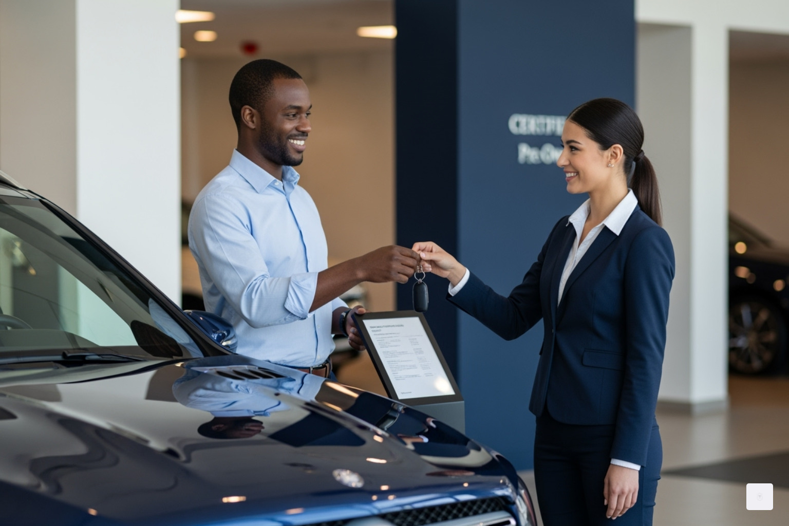 A happy customer, a man, receives the keys to his CPO Mercedes-Benz SUV from a friendly Benzel-Busch sales associate, with a warm smile in a sophisticated showroom setting - certified pre-owned financing rates