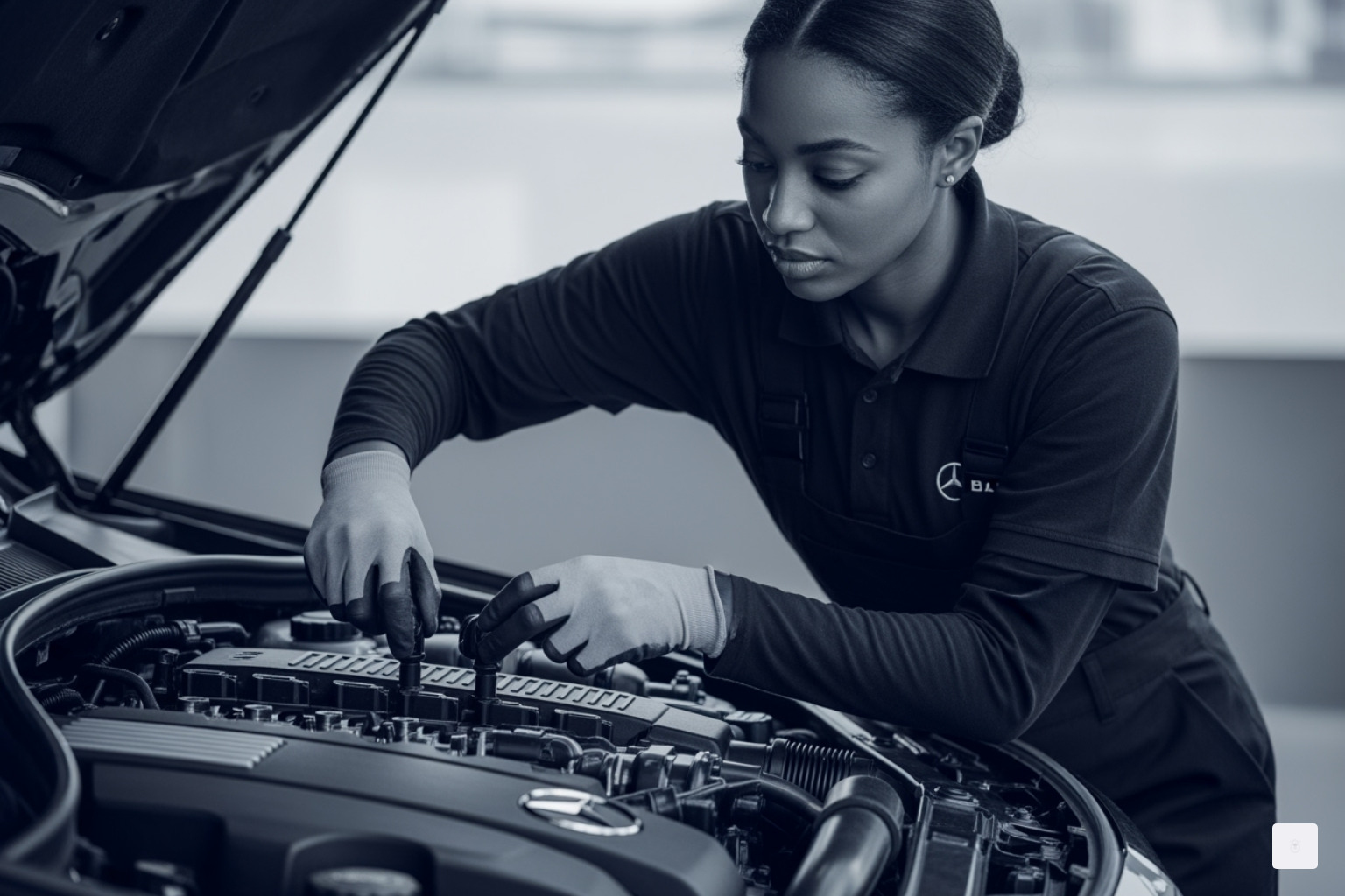A skilled and diverse technician, in a clean navy uniform meticulously performs a multi-point inspection on a Mercedes-Benz engine, highlighting attention to detail - certified pre-owned financing rates