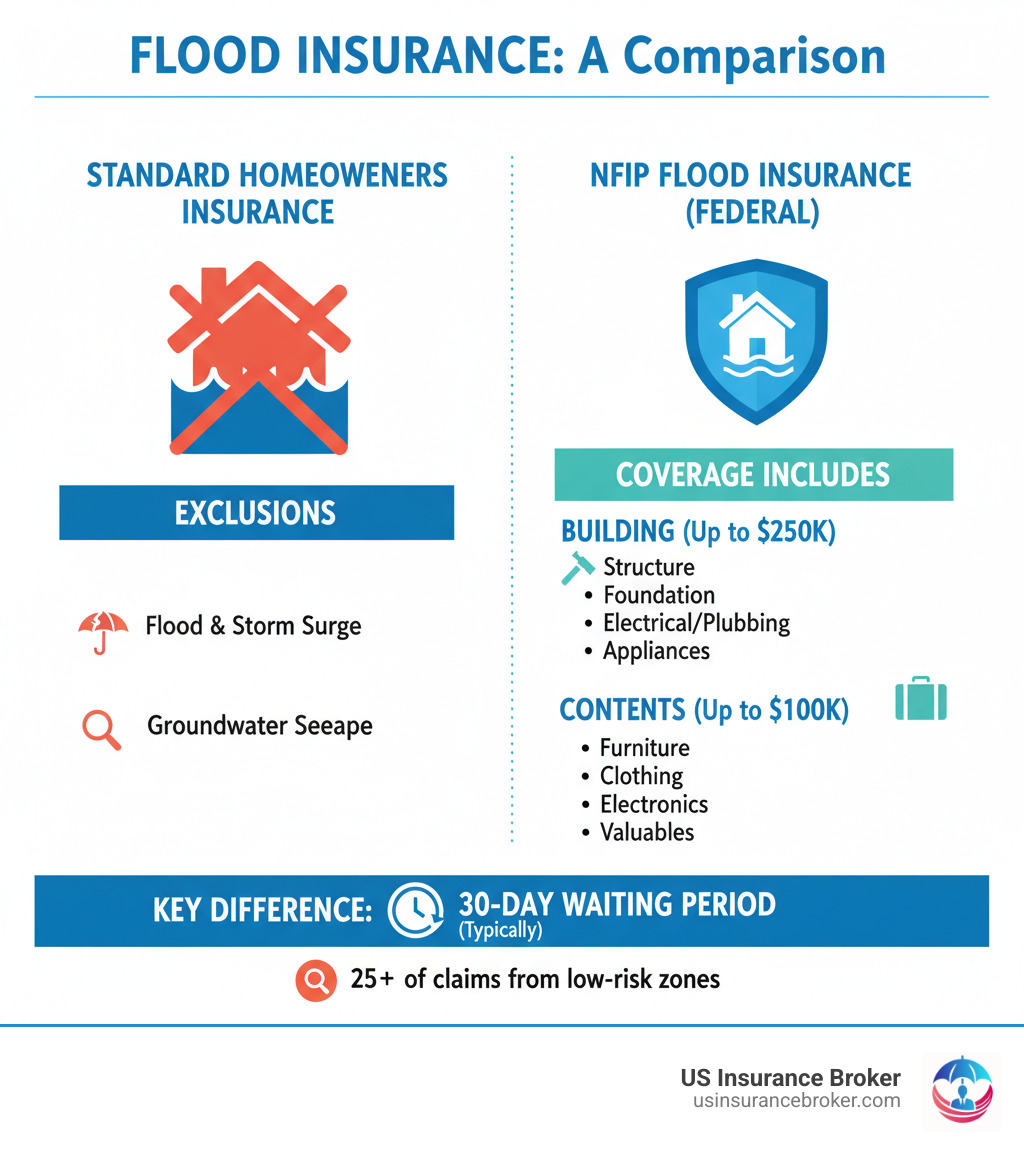 Infographic comparing Standard Homeowners Insurance vs. NFIP Flood Insurance coverage - protect home from flood infographic 