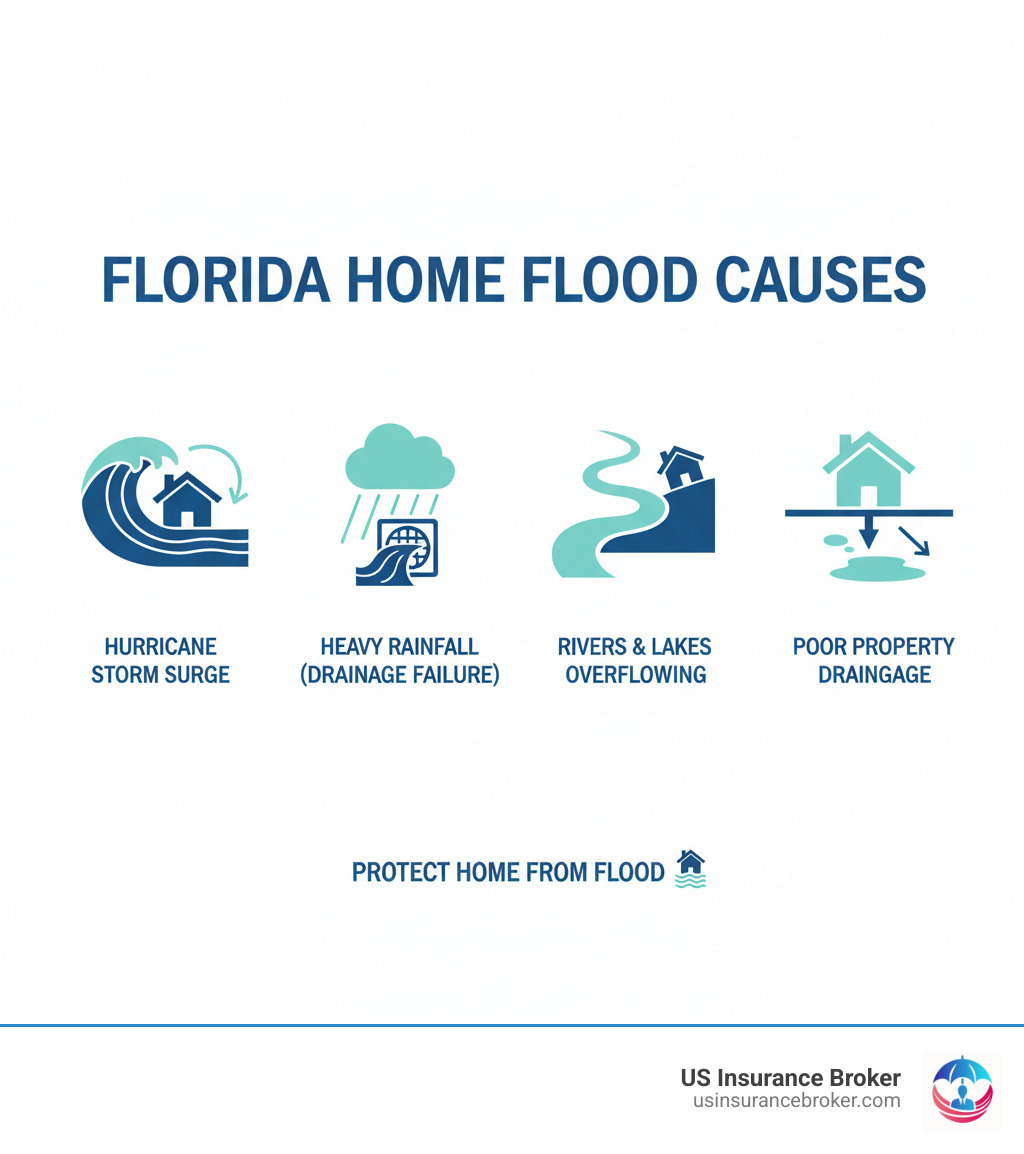 Infographic showing the primary causes of home flooding in Florida: hurricane storm surge pushing ocean water inland, heavy rainfall overwhelming drainage systems, rivers and lakes overflowing their banks, and poor property drainage allowing water to pool near foundations - protect home from flood infographic 
