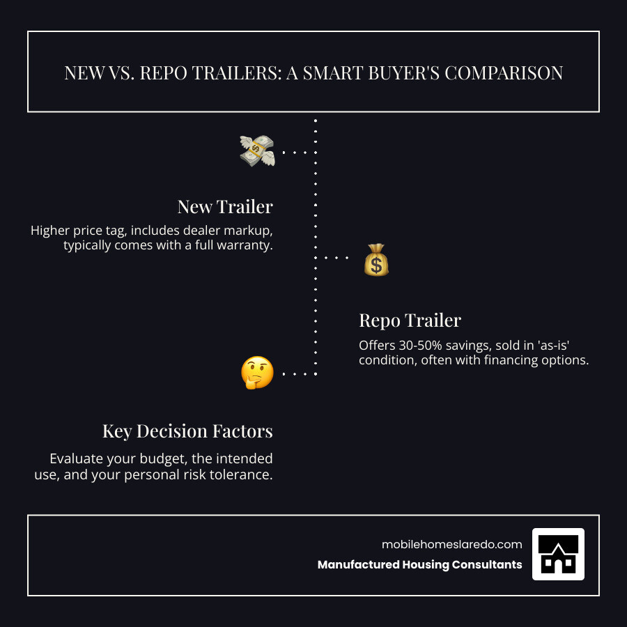 Infographic showing the comparison between buying new vs repo trailers: Left side shows new trailer with higher price tag, dealer markup, and full warranty; Right side shows repo trailer with 30-50% savings, as-is condition, potential financing options, and inspection requirements; Center shows key decision factors including budget, intended use, and risk tolerance - repo trailers in my area infographic infographic-line-3-steps-dark