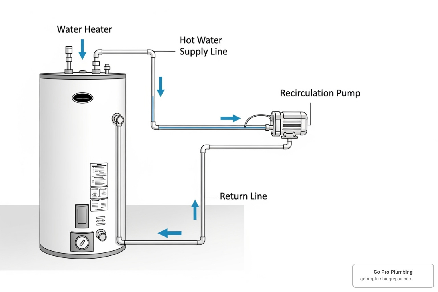 A basic diagram showing a water heater, a recirculation pump, and a plumbing loop returning to the heater - hot water recirculation A basic diagram showing a water heater, a recirculation pump, and a plumbing loop returning to the heater - hot water recirculation