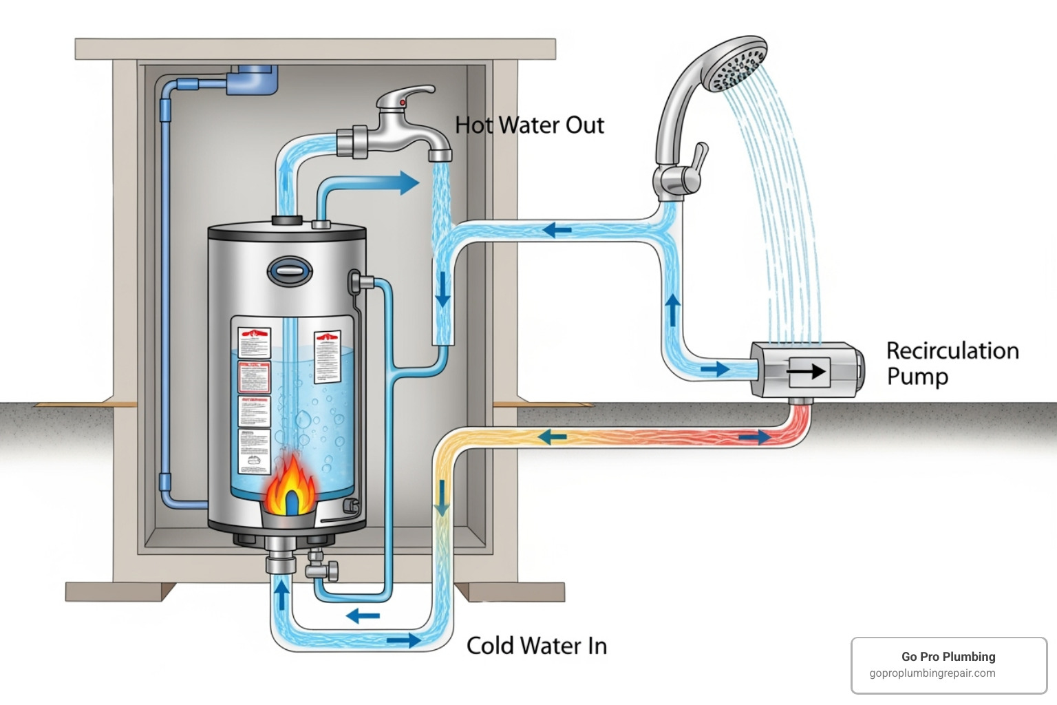 An image comparing a dedicated loop hot water recirculation system with a separate return line to an integrated loop system that uses the cold water line for return - hot water recirculation An image comparing a dedicated loop hot water recirculation system with a separate return line to an integrated loop system that uses the cold water line for return - hot water recirculation