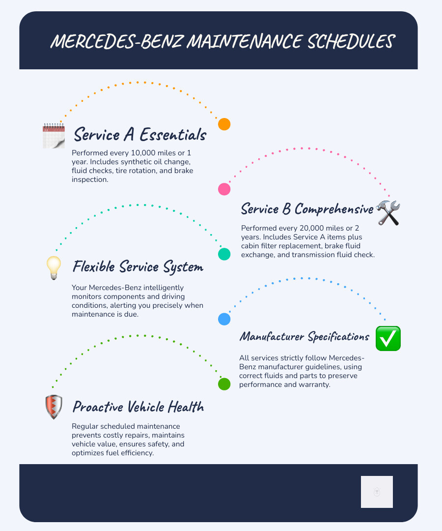Infographic showing Mercedes-Benz Service A and Service B maintenance schedules with specific mileage intervals, included services like oil changes, fluid checks, filter replacements, brake inspections, and tire rotations, designed in sophisticated navy blue tones with luxury automotive styling - benz auto repair infographic infographic-line-5-steps-blues-accent_colors Infographic showing Mercedes-Benz Service A and Service B maintenance schedules with specific mileage intervals, included services like oil changes, fluid checks, filter replacements, brake inspections, and tire rotations, designed in sophisticated navy blue tones with luxury automotive styling - benz auto repair infographic infographic-line-5-steps-blues-accent_colors