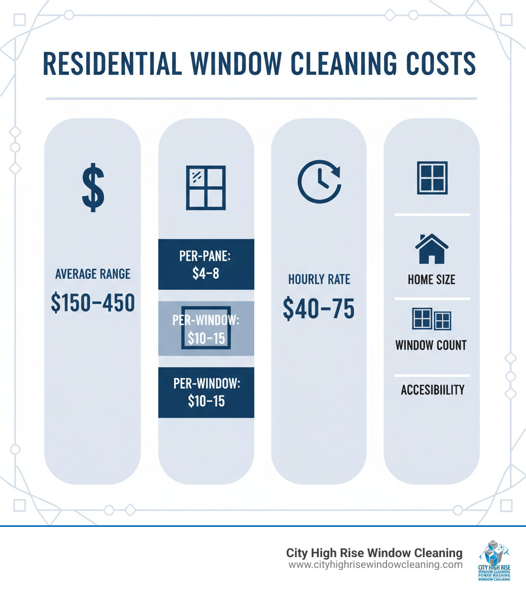 infographic showing residential window cleaning cost breakdown: average range $150-$450, per-pane cost $4-$8, per-window cost $10-$15, hourly rate $40-$75, with icons for home size, window count, and accessibility factors - how much does residential window cleaning cost infographic infographic showing residential window cleaning cost breakdown: average range $150-$450, per-pane cost $4-$8, per-window cost $10-$15, hourly rate $40-$75, with icons for home size, window count, and accessibility factors - how much does residential window cleaning cost infographic