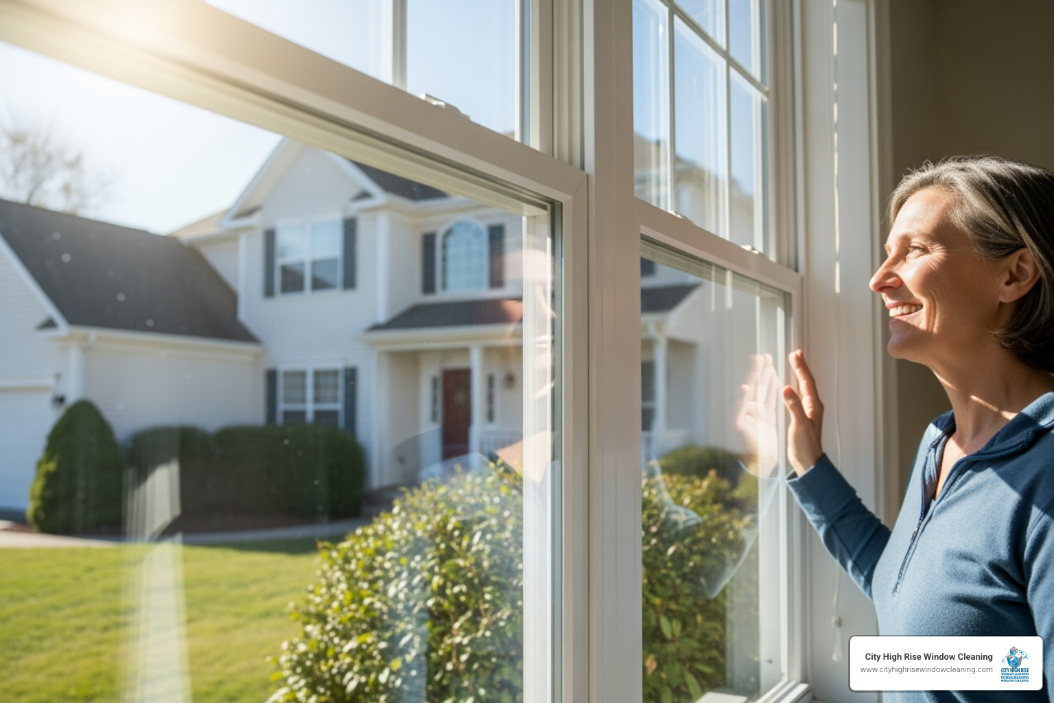 homeowner smiling while looking at their sparkling clean windows - how much does residential window cleaning cost homeowner smiling while looking at their sparkling clean windows - how much does residential window cleaning cost