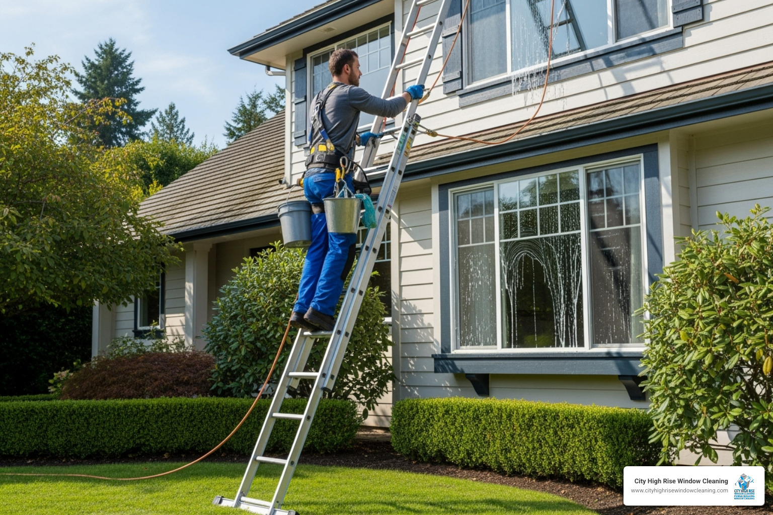professional using a ladder to safely access a second-story window - how much does residential window cleaning cost professional using a ladder to safely access a second-story window - how much does residential window cleaning cost