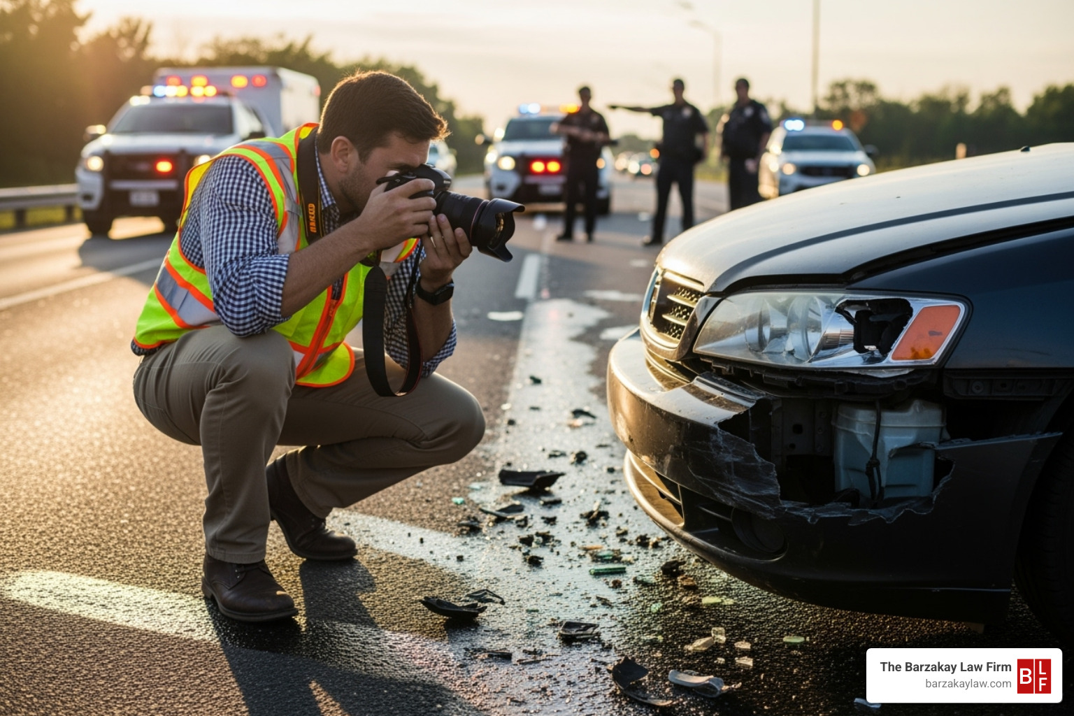 person taking photos of vehicle damage at an accident scene - Semi truck collision lawyer