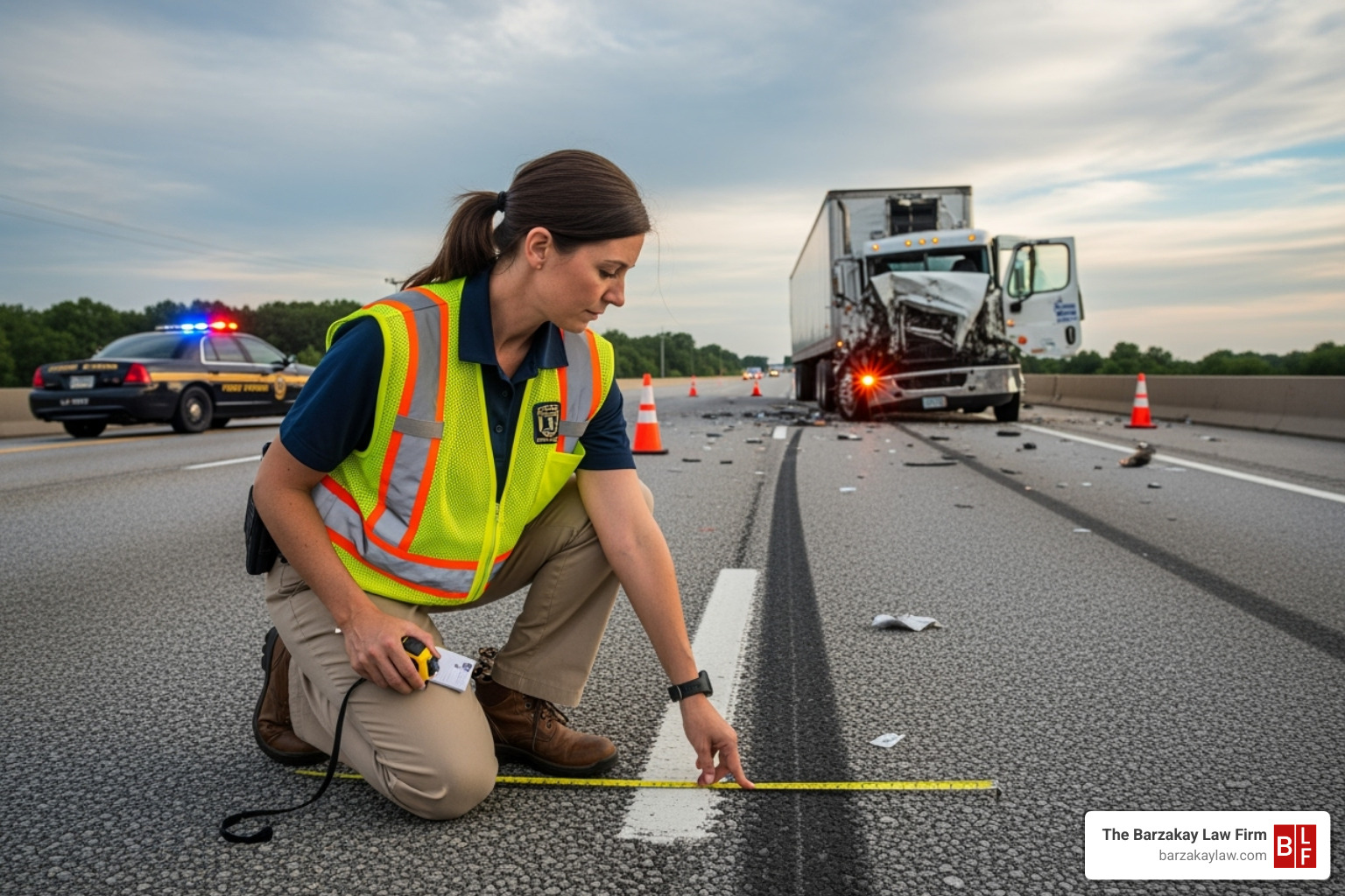 accident reconstruction professional examining a crash scene - Semi truck collision lawyer