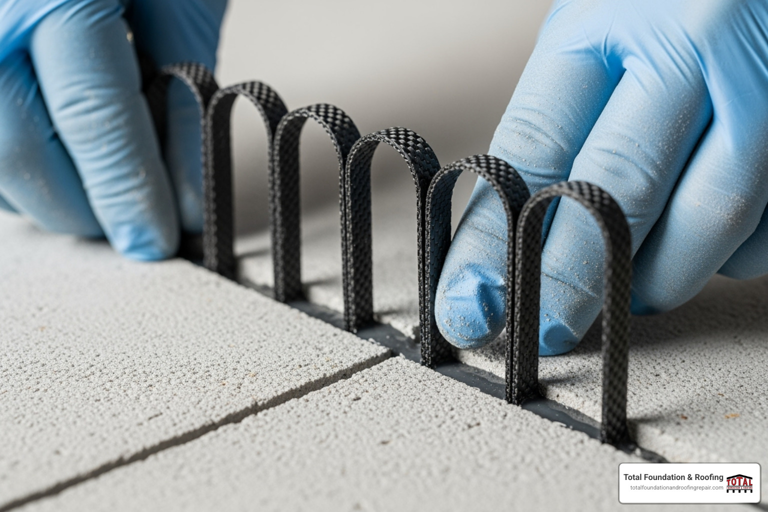 carbon fiber staples being installed across a concrete crack - slab concrete repair