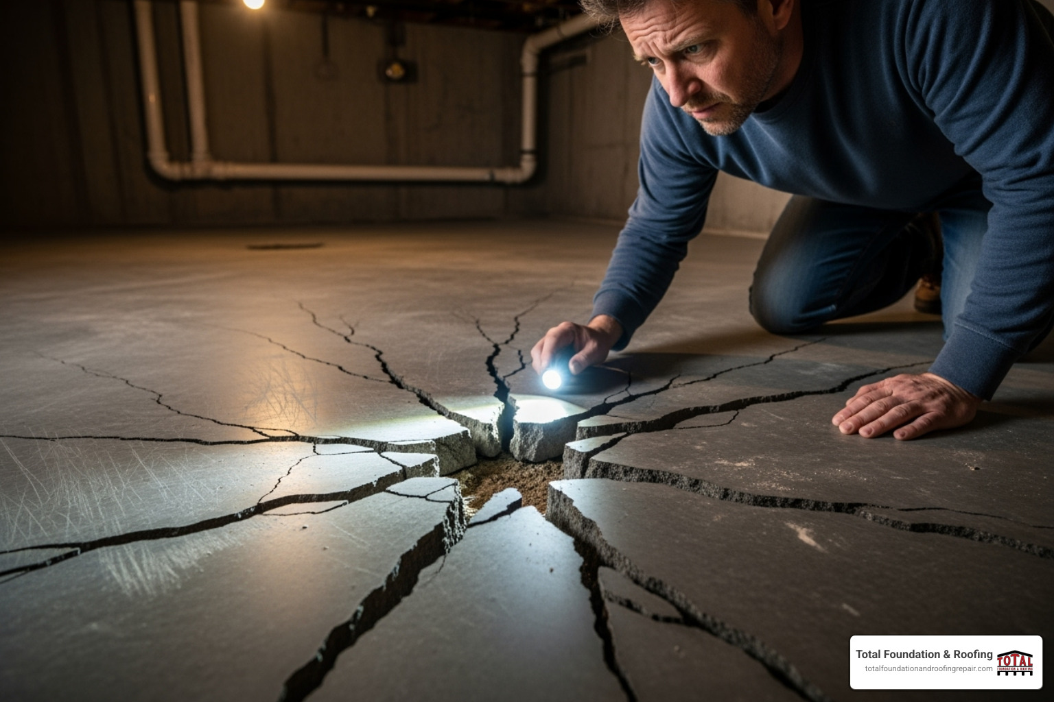 homeowner looking concerned at a complex, spiderwebbing crack in their foundation slab - slab concrete repair