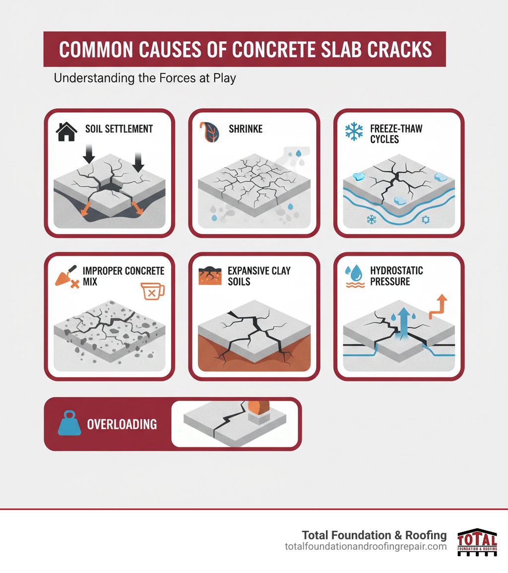 infographic showing common causes of concrete slab cracks including soil settlement, shrinkage, freeze-thaw cycles, improper concrete mix, expansive clay soils, hydrostatic pressure, and overloading, with illustrations of each cause and their effects on concrete slabs - slab concrete repair infographic 