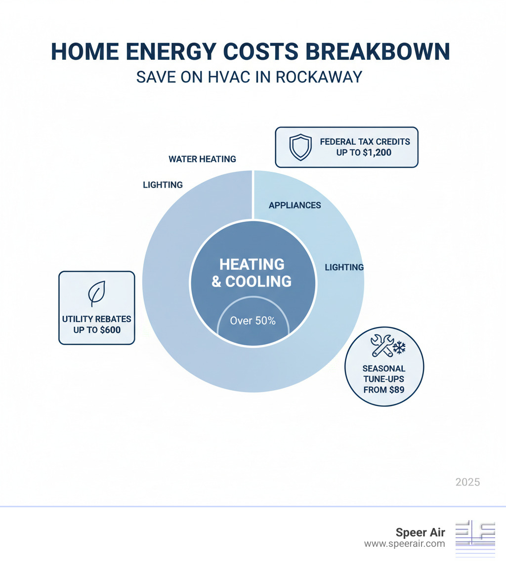 infographic showing breakdown of home energy costs with heating and cooling taking up more than 50 percent, followed by sections for water heating, appliances, and lighting, with callouts showing potential savings from utility rebates up to 600 dollars, federal tax credits up to 1200 dollars, and seasonal tune-up deals starting at 89 dollars - hvac savings rockaway infographic infographic showing breakdown of home energy costs with heating and cooling taking up more than 50 percent, followed by sections for water heating, appliances, and lighting, with callouts showing potential savings from utility rebates up to 600 dollars, federal tax credits up to 1200 dollars, and seasonal tune-up deals starting at 89 dollars - hvac savings rockaway infographic
