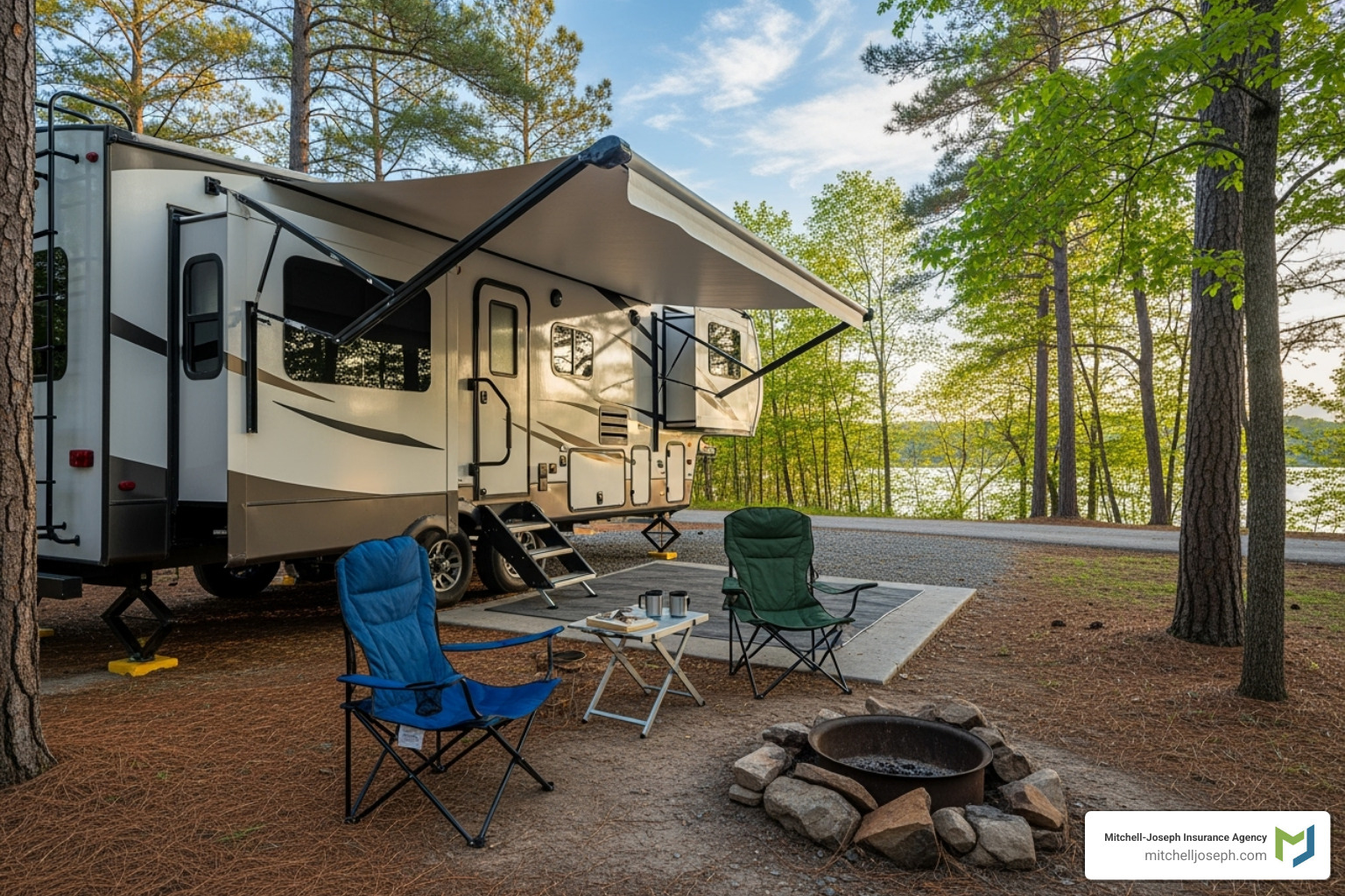 A fifth wheel at a campsite with an awning and chairs set up - fifth wheel insurance