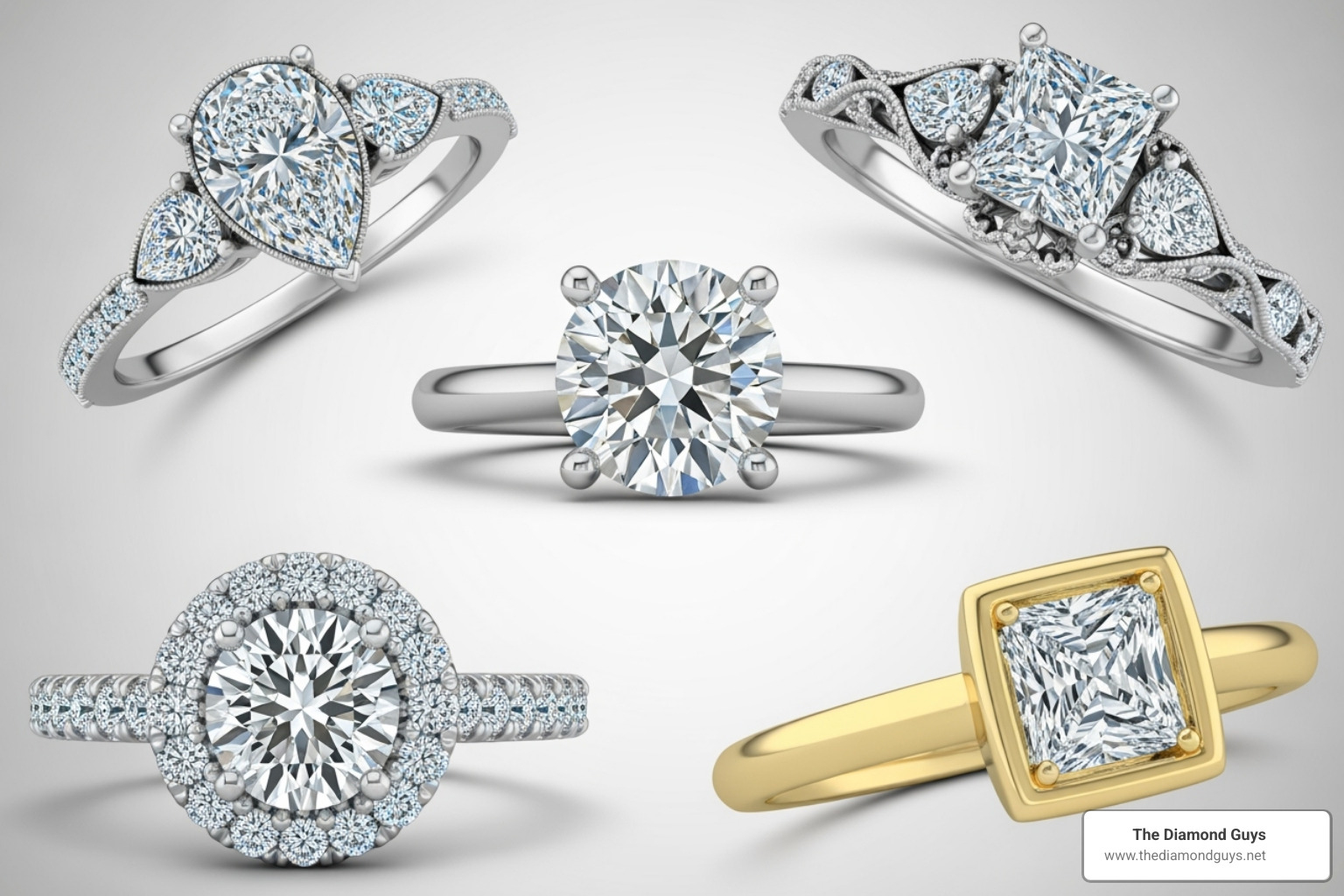 Collage of different ring settings like solitaire, halo, and bezel - design your ring