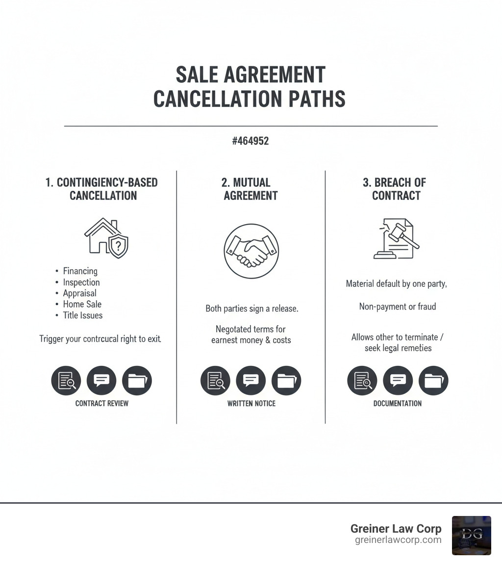 Infographic showing three main paths to cancelling a sale agreement: 1) Contingency-Based Cancellation (financing, inspection, appraisal, home sale, or title issues trigger your contractual right to exit), 2) Mutual Agreement (both parties sign a release, often with negotiated terms for earnest money and costs), and 3) Breach of Contract (material default by one party, such as non-payment or fraud, allows the other to terminate or seek legal remedies). Each path includes icons representing key steps: contract review, written notice, and documentation. - sale agreement cancellation infographic 
