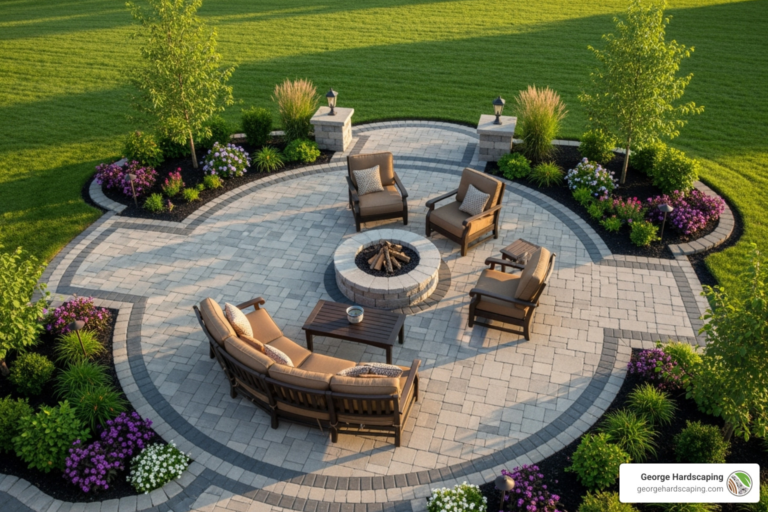 Beautifully designed paver patio with stone fire pit in a backyard - massachusetts landscape