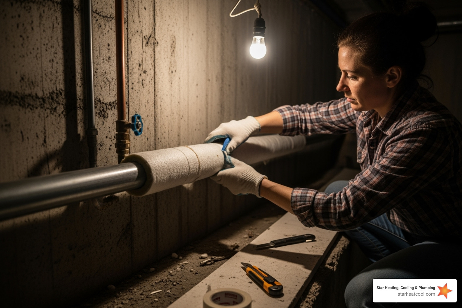 A homeowner insulating an exposed water pipe - affordable plumbing repair in arcadia in A homeowner insulating an exposed water pipe - affordable plumbing repair in arcadia in