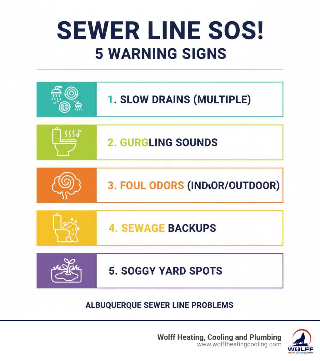 Infographic showing the top 5 warning signs of sewer line problems: 1. Multiple slow drains throughout the home, 2. Gurgling sounds from plumbing fixtures, 3. Foul sewage odors indoors or outdoors, 4. Sewage backups in toilets or drains, 5. Unexplained soggy patches or lush green spots in the yard - sewer line repair albuquerque infographic 