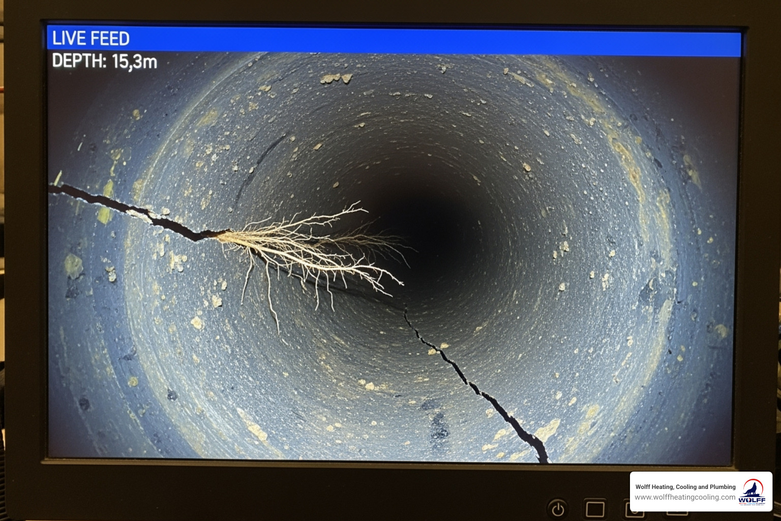 A close-up image of a sewer camera inspection screen, showing the interior of a pipe with a small crack or root intrusion - sewer line repair albuquerque