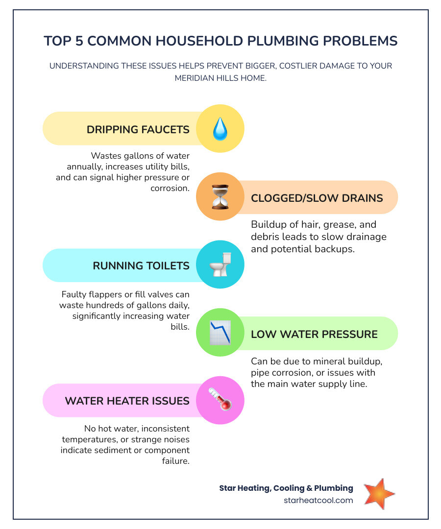 infographic showing the five most common household plumbing problems: dripping faucets, slow drains, running toilets, low water pressure, and water heater issues, with simple icons and percentage statistics for each - plumbing service in meridian hills in infographic infographic-line-5-steps-colors infographic showing the five most common household plumbing problems: dripping faucets, slow drains, running toilets, low water pressure, and water heater issues, with simple icons and percentage statistics for each - plumbing service in meridian hills in infographic infographic-line-5-steps-colors