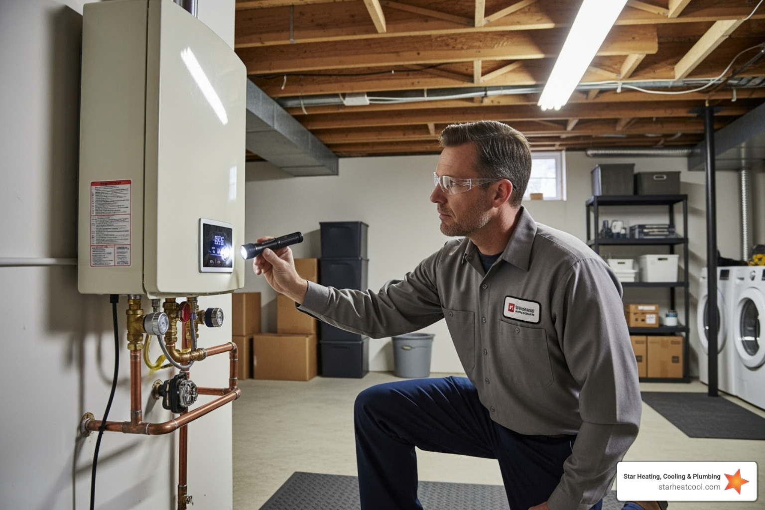 professional technician inspecting a tankless water heater - plumbing service in meridian hills in professional technician inspecting a tankless water heater - plumbing service in meridian hills in
