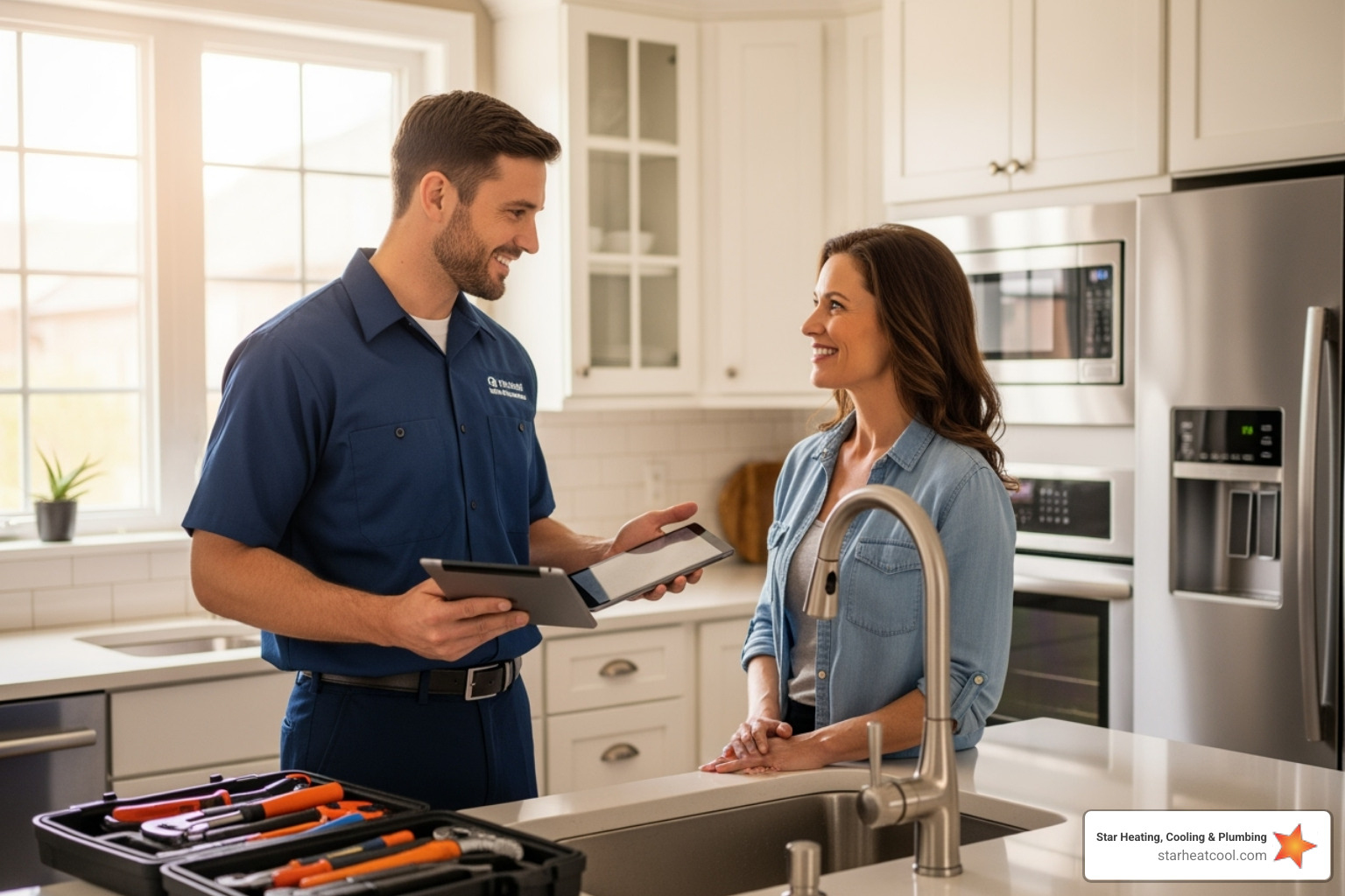 friendly plumber discussing project with homeowner - plumbing service in meridian hills in friendly plumber discussing project with homeowner - plumbing service in meridian hills in