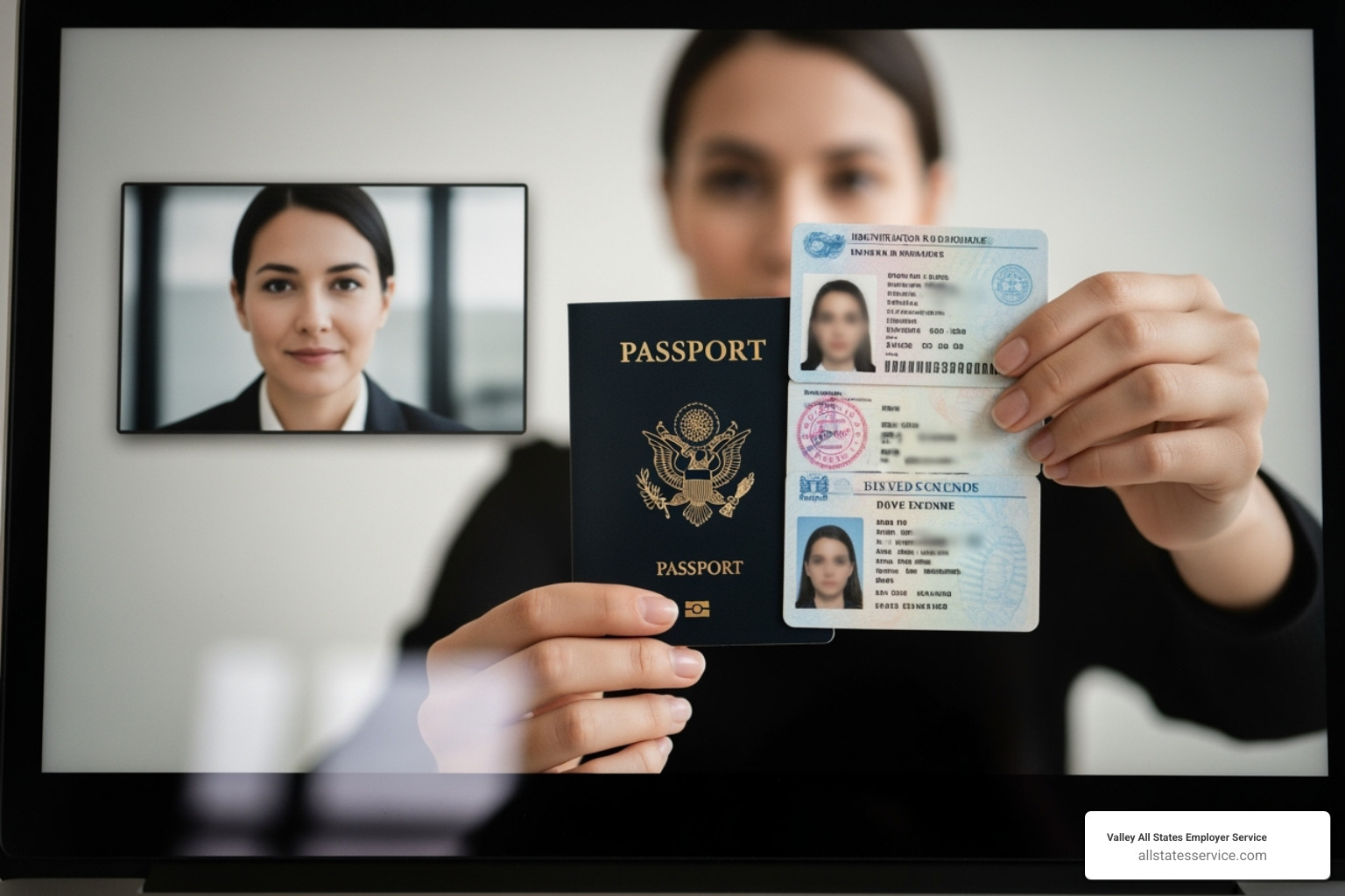 A person conducting a remote document check via video call on a laptop, showing a new hire holding up identification documents - E-Verify new hire A person conducting a remote document check via video call on a laptop, showing a new hire holding up identification documents - E-Verify new hire