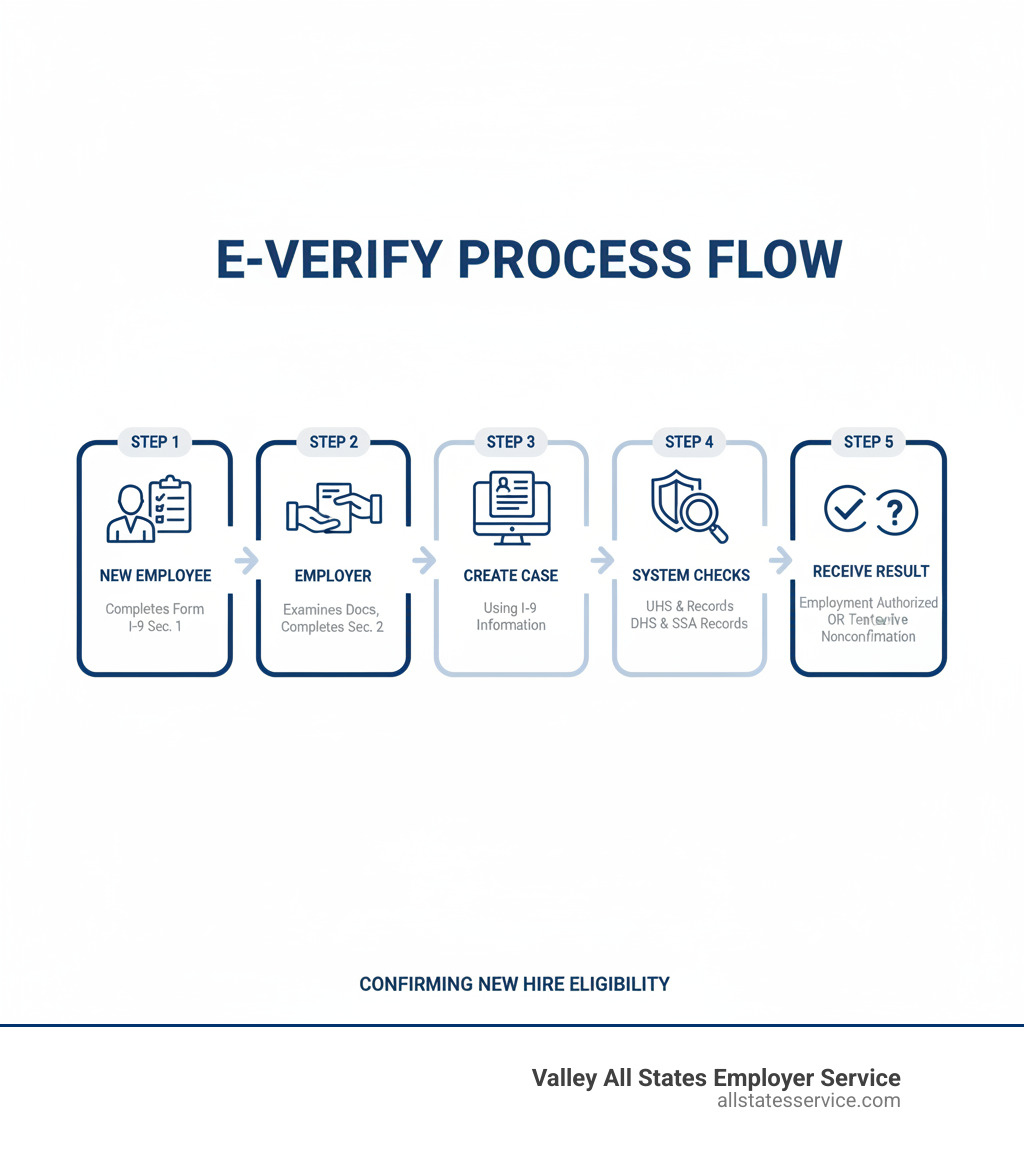 Infographic showing E-Verify process flow: Step 1 - New employee completes Form I-9 Section 1 on first day of work; Step 2 - Employer examines documents and completes Section 2 within 3 days; Step 3 - Employer creates E-Verify case using I-9 information; Step 4 - E-Verify checks DHS and SSA records automatically; Step 5 - Employer receives Employment Authorized confirmation or Tentative Nonconfirmation requiring employee action - E-Verify new hire infographic Infographic showing E-Verify process flow: Step 1 - New employee completes Form I-9 Section 1 on first day of work; Step 2 - Employer examines documents and completes Section 2 within 3 days; Step 3 - Employer creates E-Verify case using I-9 information; Step 4 - E-Verify checks DHS and SSA records automatically; Step 5 - Employer receives Employment Authorized confirmation or Tentative Nonconfirmation requiring employee action - E-Verify new hire infographic