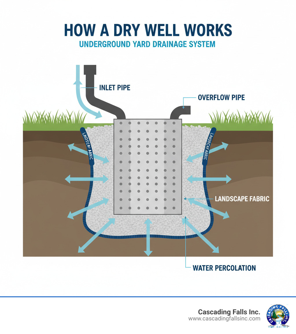 Infographic showing how a dry well system works: water flows from a downspout through an inlet pipe into an underground perforated chamber surrounded by gravel, where it slowly percolates into the surrounding soil layers, with labels for landscape fabric, overflow pipe, and water dispersion arrows - dry well for yard drainage infographic 