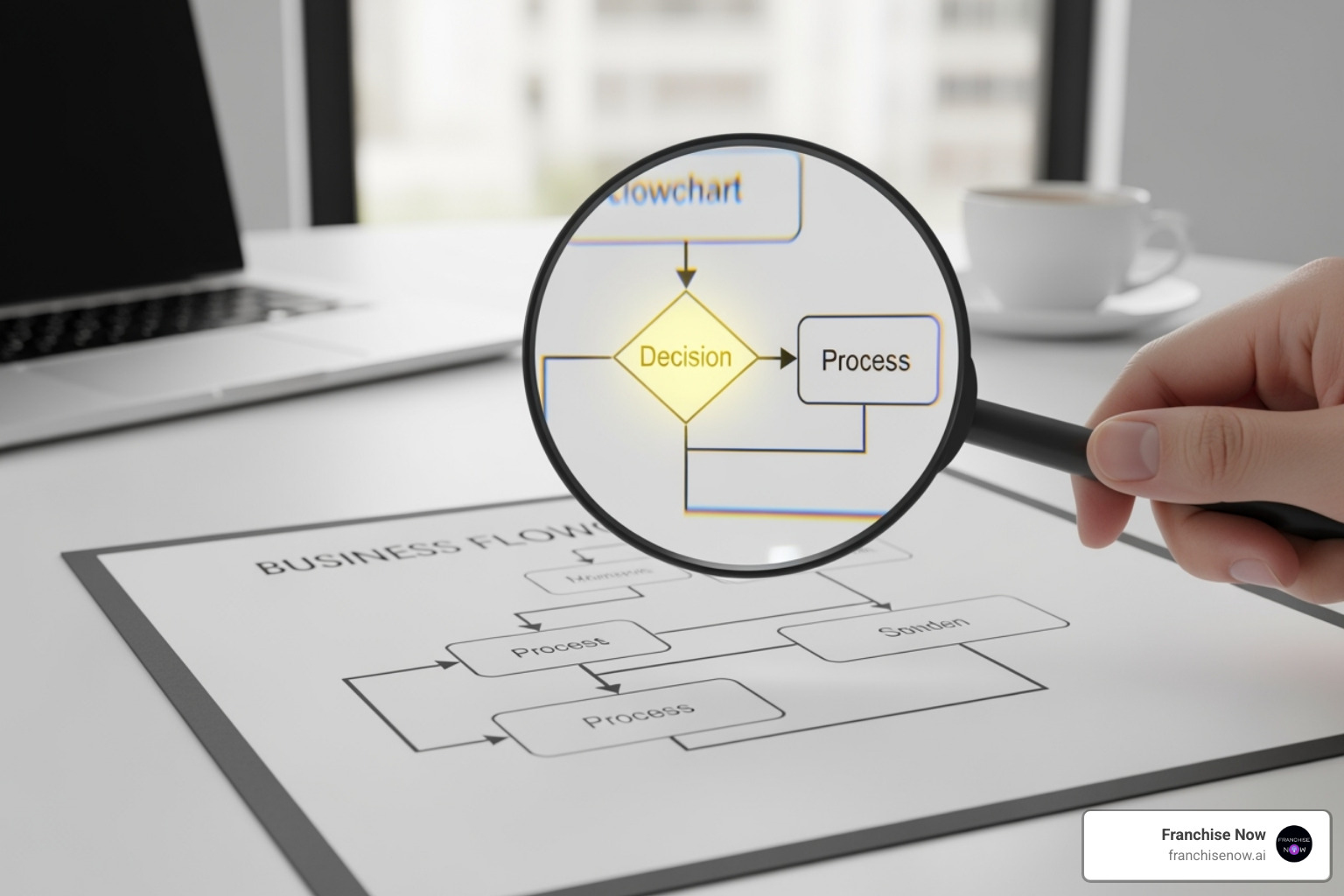 Magnifying glass over a business process flowchart, highlighting areas for AI - AI opportunity assessment Magnifying glass over a business process flowchart, highlighting areas for AI - AI opportunity assessment