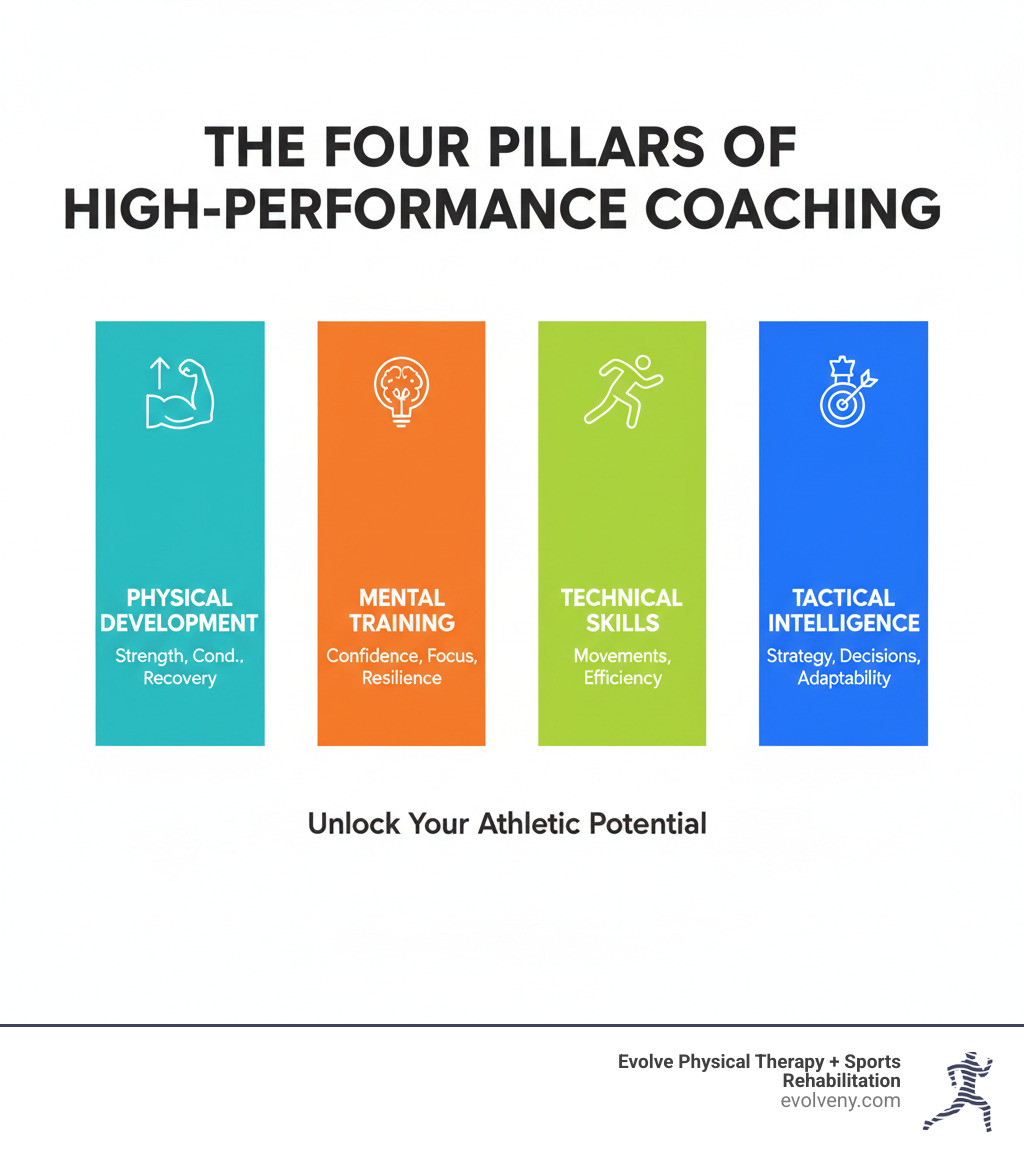 Infographic showing the four pillars of high-performance coaching: Physical Development (strength, conditioning, recovery), Mental Training (confidence, focus, resilience), Technical Skills (sport-specific movements, efficiency), and Tactical Intelligence (strategy, decision-making, adaptability) - coaching for sports performance infographic Infographic showing the four pillars of high-performance coaching: Physical Development (strength, conditioning, recovery), Mental Training (confidence, focus, resilience), Technical Skills (sport-specific movements, efficiency), and Tactical Intelligence (strategy, decision-making, adaptability) - coaching for sports performance infographic