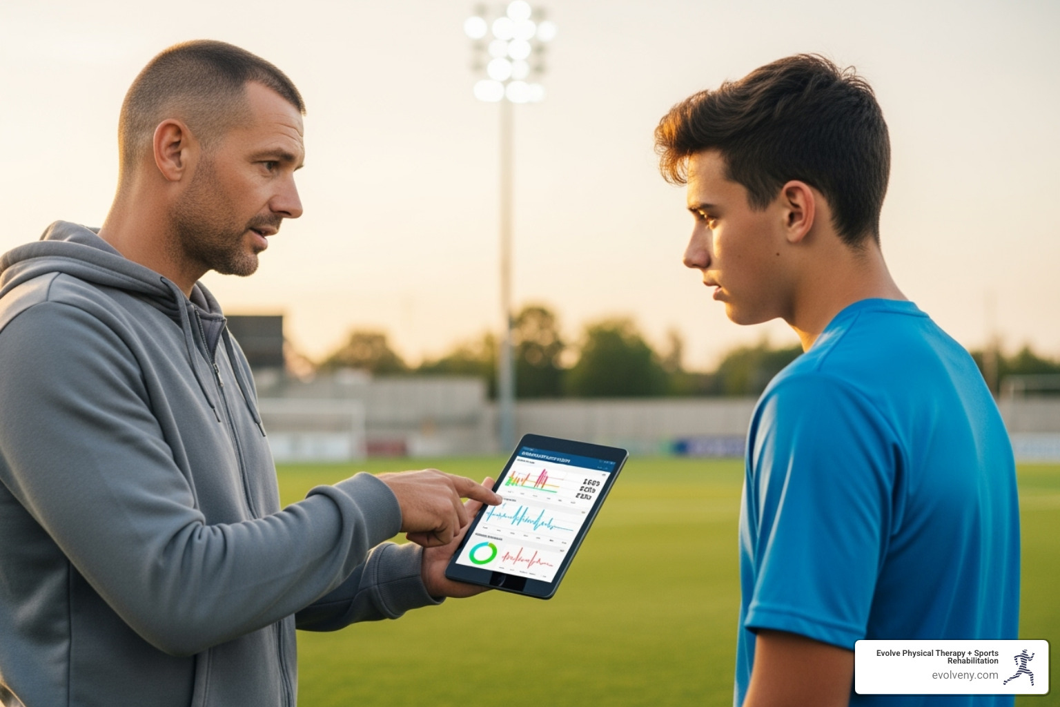 A coach using a tablet to show an athlete performance data - coaching for sports performance A coach using a tablet to show an athlete performance data - coaching for sports performance