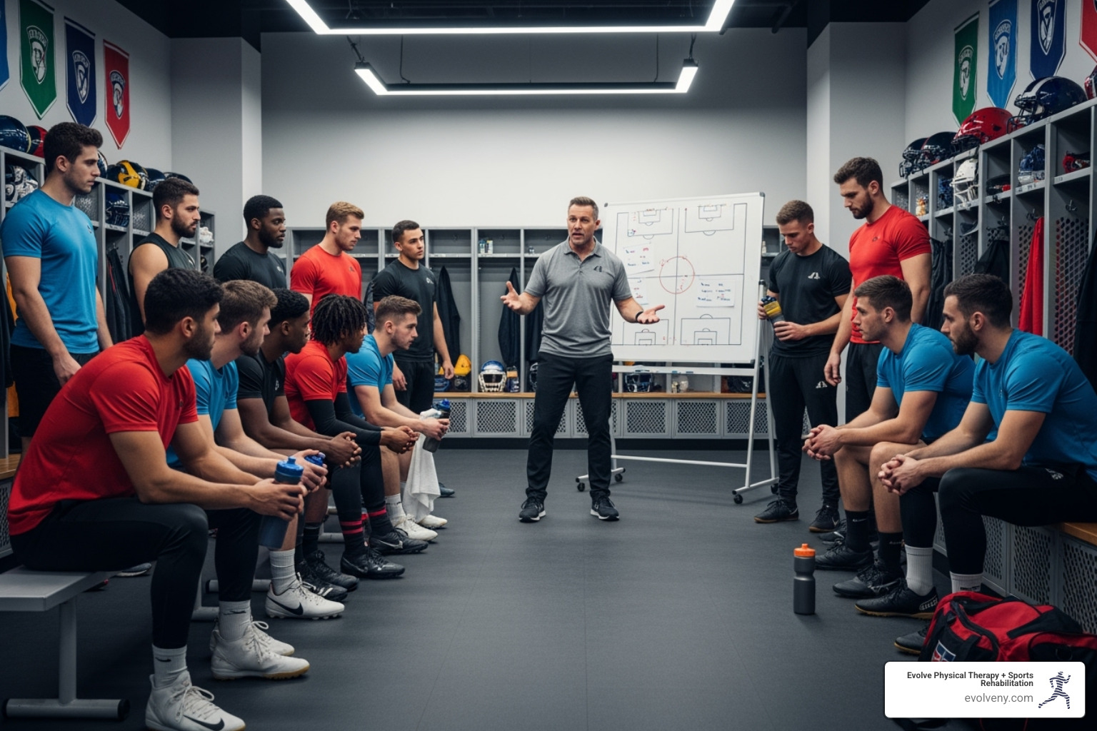 A coach giving a motivational talk to a focused team - coaching for sports performance A coach giving a motivational talk to a focused team - coaching for sports performance