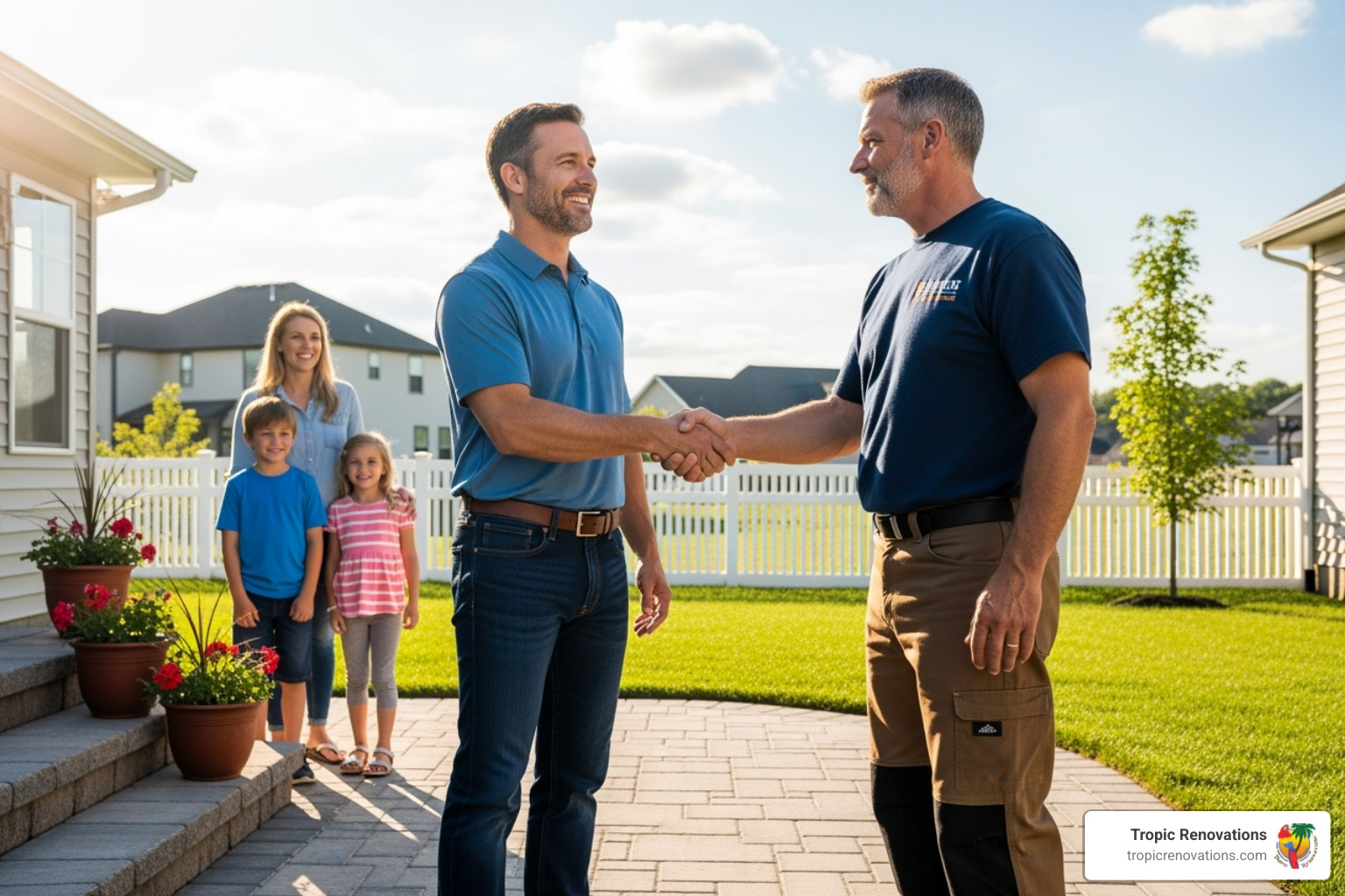 homeowner happily shaking hands with a contractor on a newly finished patio - patio builders near me homeowner happily shaking hands with a contractor on a newly finished patio - patio builders near me