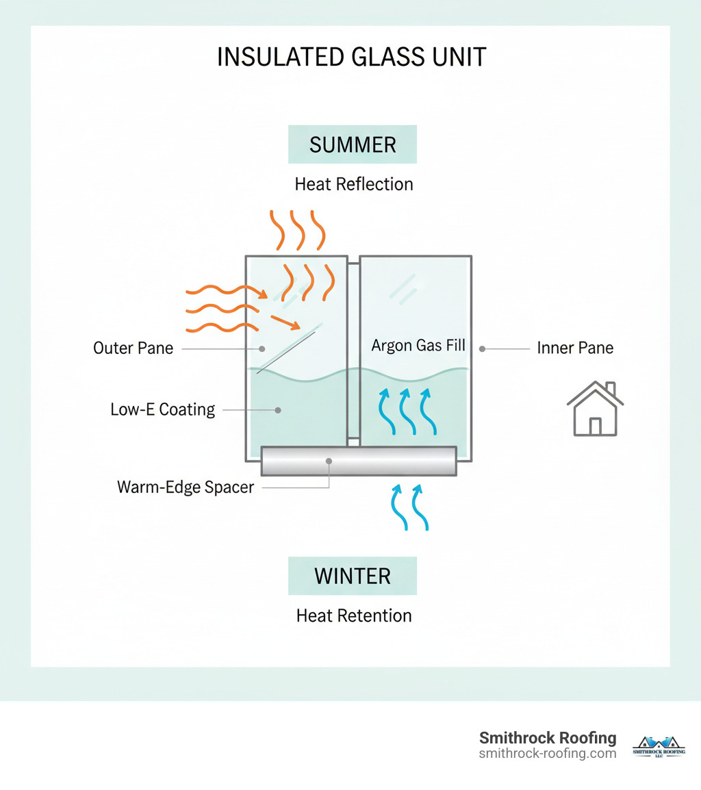 Infographic showing the cross-section of an insulated glass unit with labeled components including outer pane, inner pane, argon gas fill, warm-edge spacer, and Low-E coating; arrows illustrating heat reflection in summer keeping heat out and heat retention in winter keeping warmth inside the home - Insulated windows near me infographic 