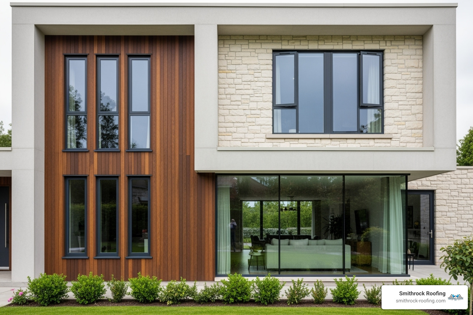 A modern house exterior showcasing a variety of window styles including large picture windows, casement windows, and double-hung windows, all with clean lines and contemporary design - Insulated windows near me