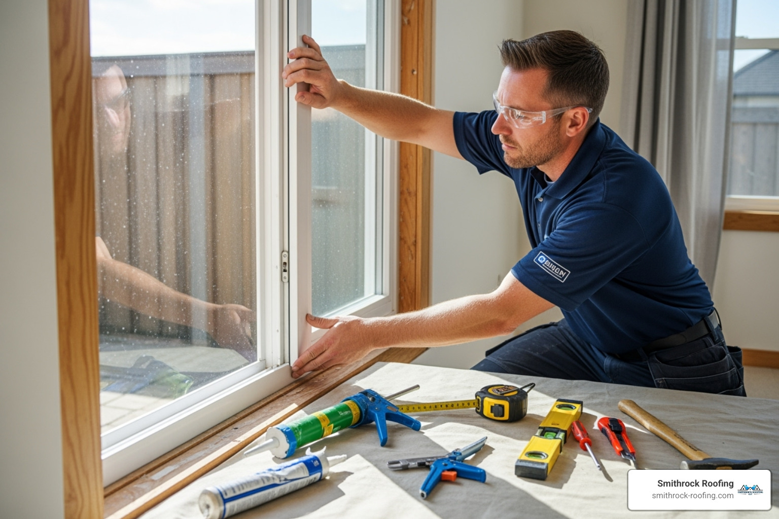 A professional installer carefully fitting a new window into a home, ensuring precise alignment and proper sealing for optimal performance - Insulated windows near me