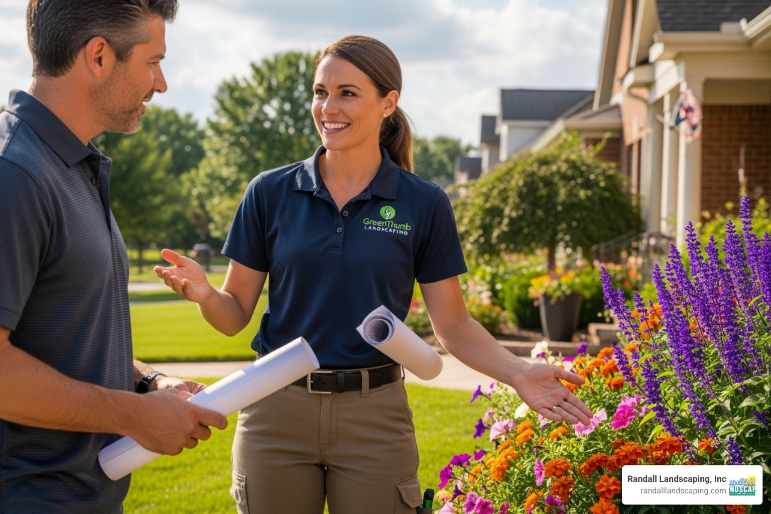 friendly, uniformed landscaping professional consulting with a homeowner - landscape maintenance Amesbury friendly, uniformed landscaping professional consulting with a homeowner - landscape maintenance Amesbury