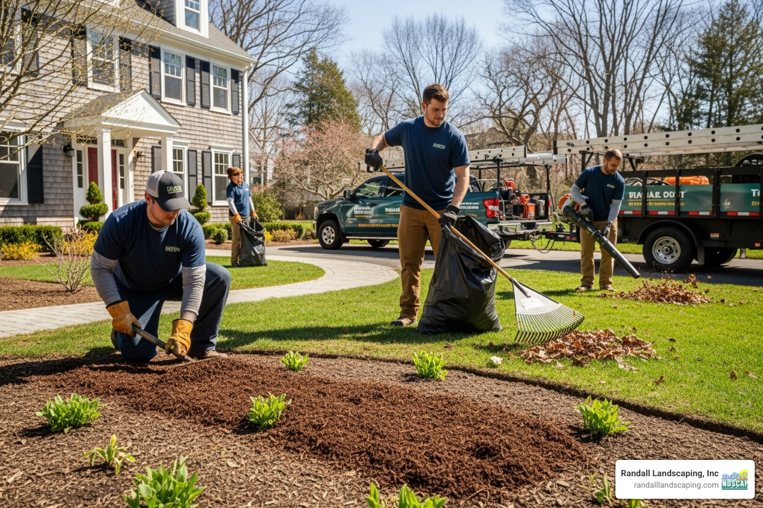 professional team performing a spring cleanup with fresh mulch - landscape maintenance Amesbury professional team performing a spring cleanup with fresh mulch - landscape maintenance Amesbury