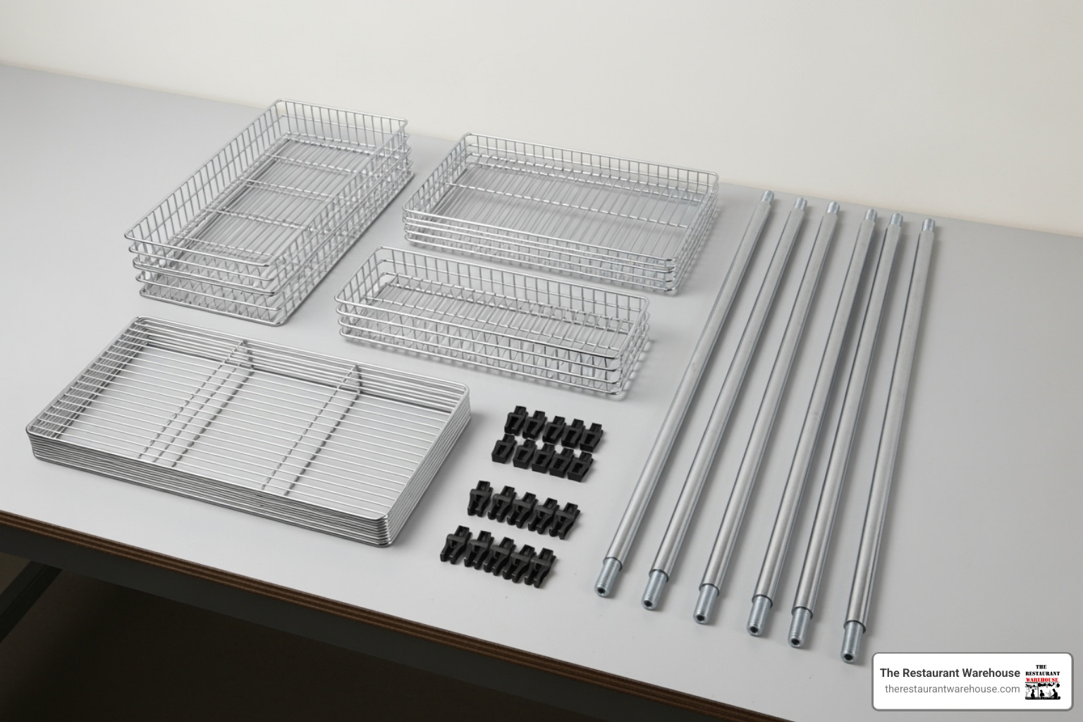 components of a chrome wire shelf unit laid out before assembly - Chrome wire shelving