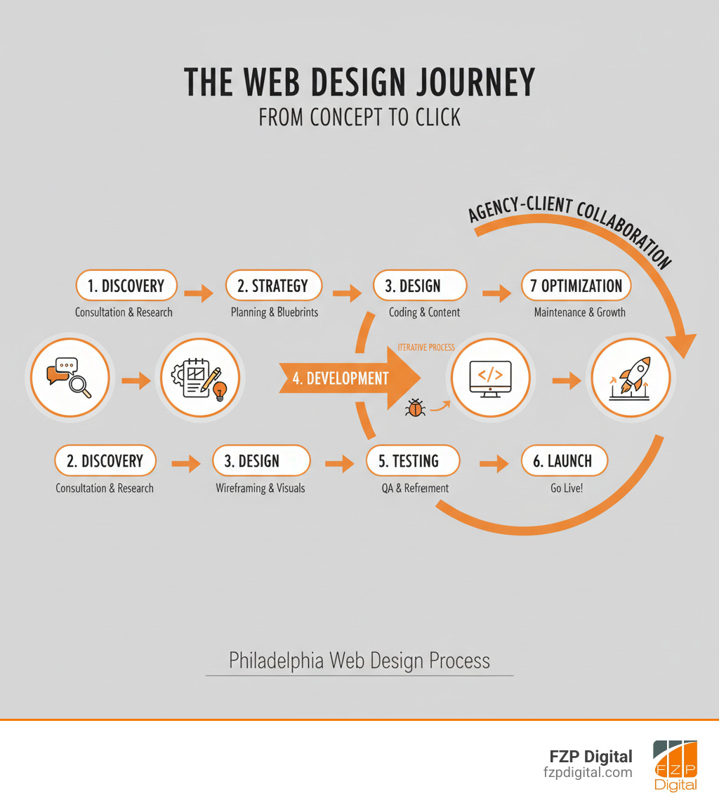Infographic showing the complete web design journey: Starting with initial business consultation and discovery, moving through strategy and planning phases, progressing to wireframing and visual design, then development and content integration, followed by rigorous testing and quality assurance, launching the website, and ending with ongoing optimization and maintenance—with each phase connected by arrows showing the iterative, collaborative process between agency and client - web design philadelphia infographic Infographic showing the complete web design journey: Starting with initial business consultation and discovery, moving through strategy and planning phases, progressing to wireframing and visual design, then development and content integration, followed by rigorous testing and quality assurance, launching the website, and ending with ongoing optimization and maintenance—with each phase connected by arrows showing the iterative, collaborative process between agency and client - web design philadelphia infographic