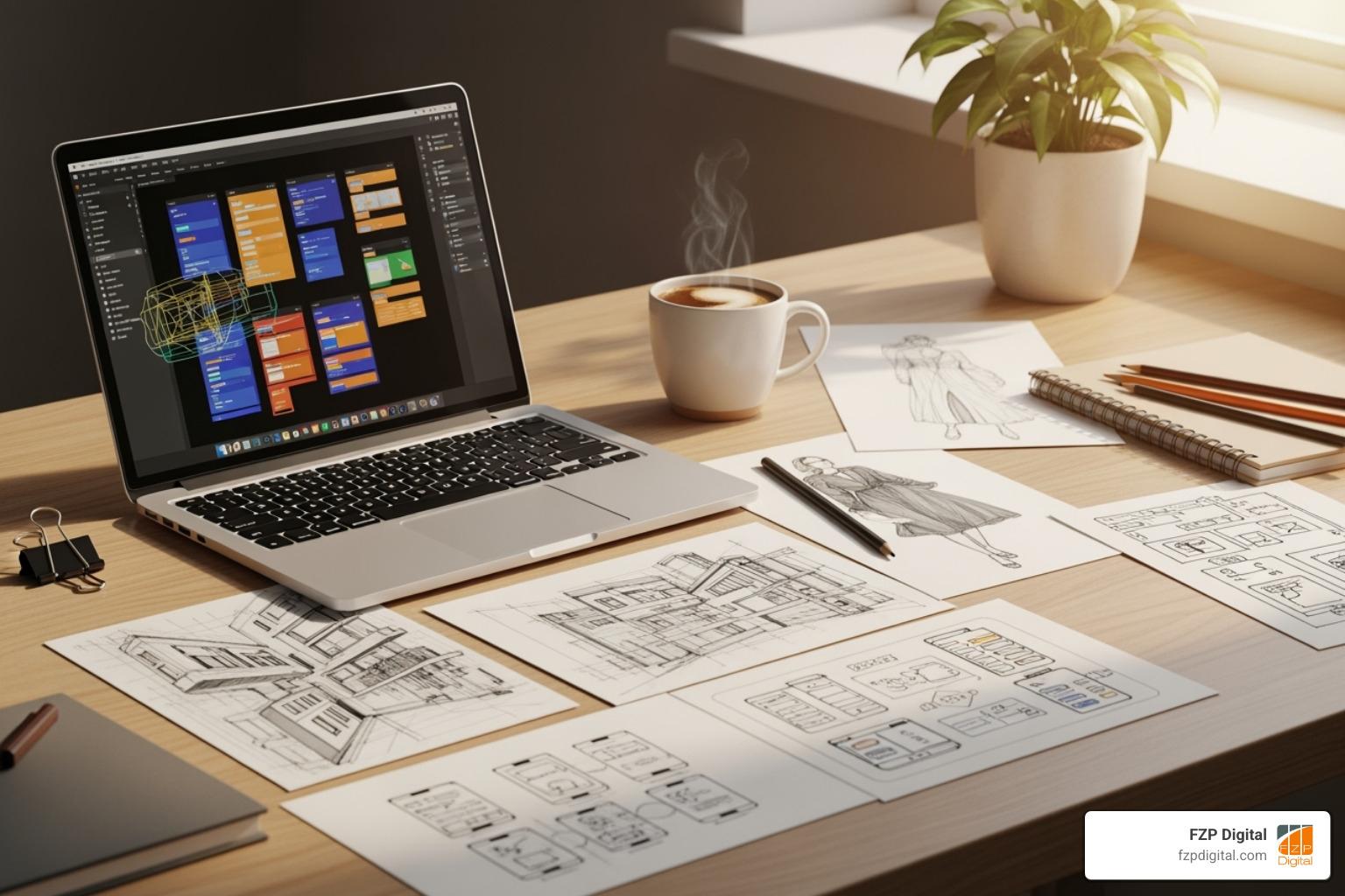 Designer's desk with sketches, laptop, and coffee - web design philadelphia Designer's desk with sketches, laptop, and coffee - web design philadelphia