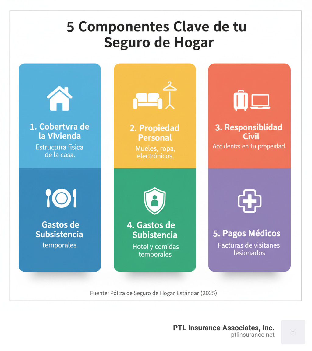 Infografía mostrando los 5 componentes principales de una póliza de seguro de hogar estándar: 1. Cobertura de la vivienda (estructura física de la casa), 2. Cobertura de propiedad personal (muebles, ropa, electrónicos), 3. Cobertura de responsabilidad civil (protección si alguien se lesiona en tu propiedad), 4. Cobertura de gastos de subsistencia (hotel y comidas si tu casa es inhabitable), 5. Cobertura de pagos médicos (facturas médicas de visitantes lesionados). Cada componente con un icono simple y descripción breve. - Seguro de Vivienda infographic 