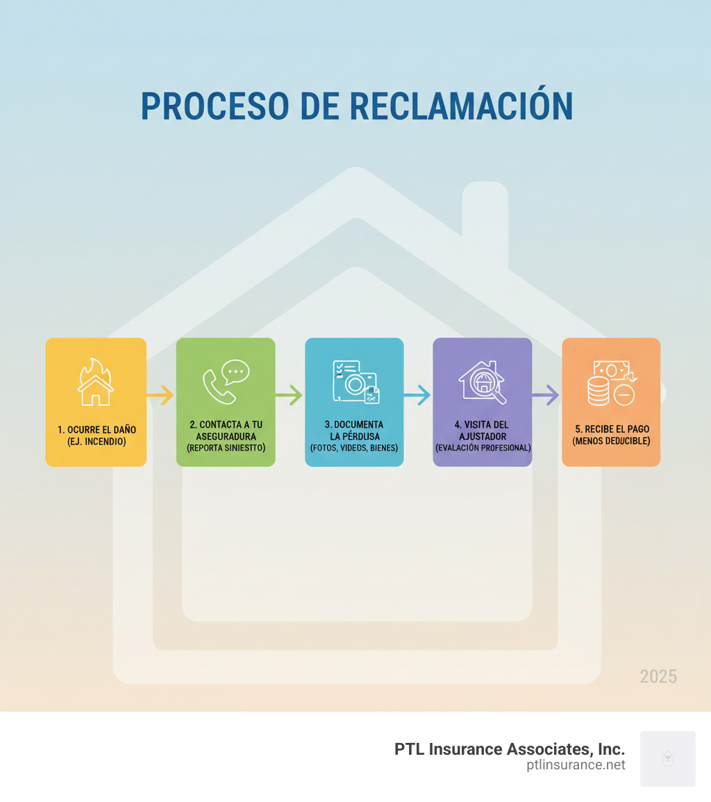 Infografía mostrando un flujograma simple del proceso de reclamación: 1. Ocurre el daño (ej. incendio), 2. Contacta a tu aseguradora (reporta el siniestro), 3. Documenta la pérdida (fotos, videos, lista de bienes), 4. Visita del ajustador (evaluación profesional), 5. Recibe el pago (menos el deducible). - Seguro de Vivienda infographic 