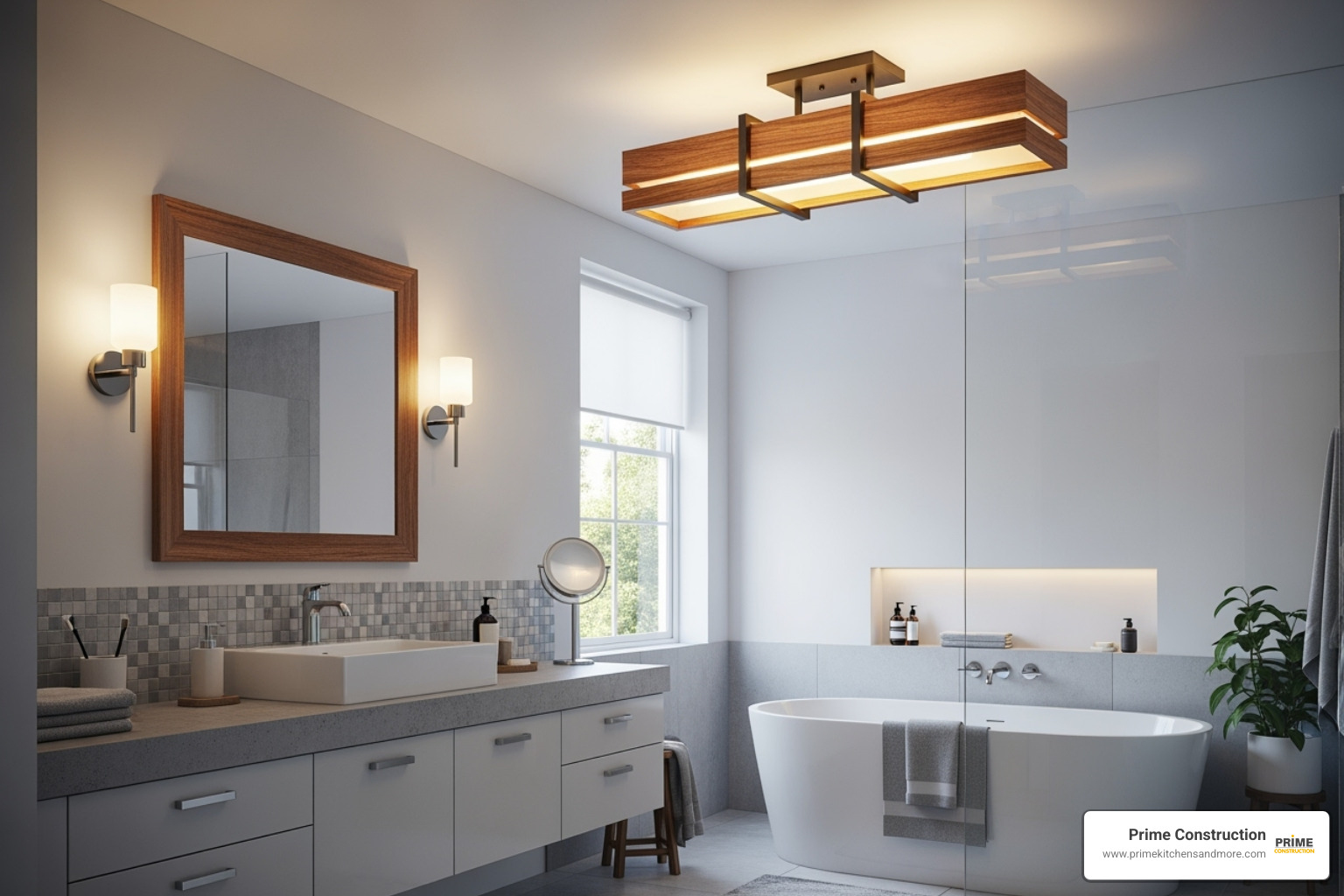 bathroom with wood-accented light fixture - bathroom lighting trends