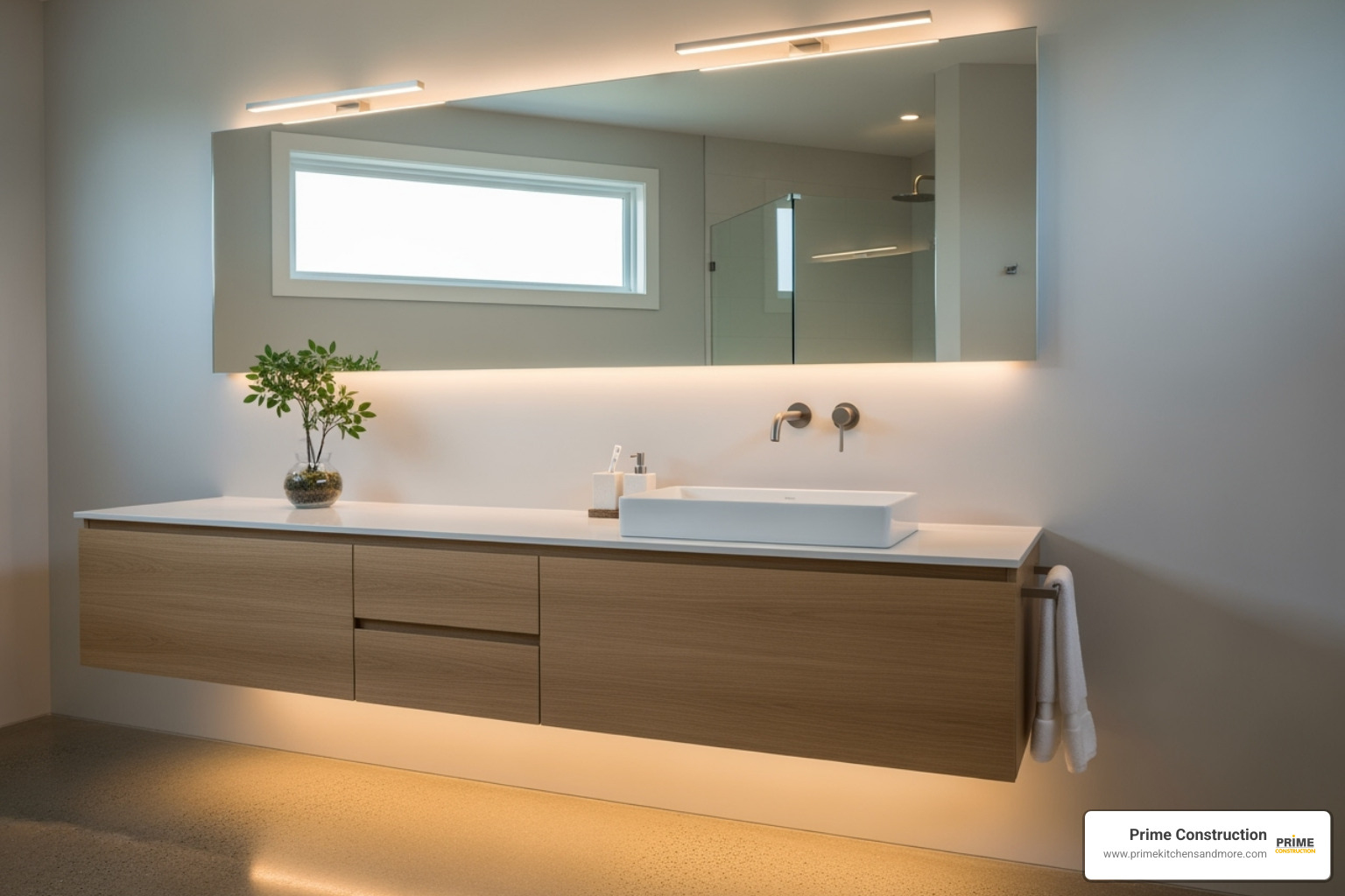 floating vanity with integrated LED lighting - bathroom lighting trends