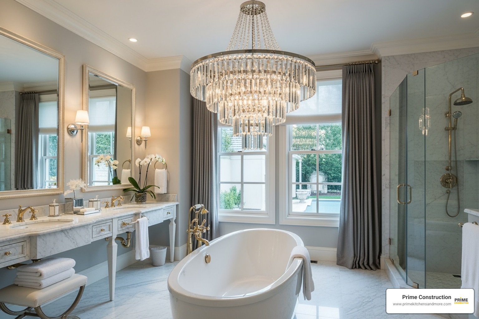 statement chandelier over freestanding tub - bathroom lighting trends