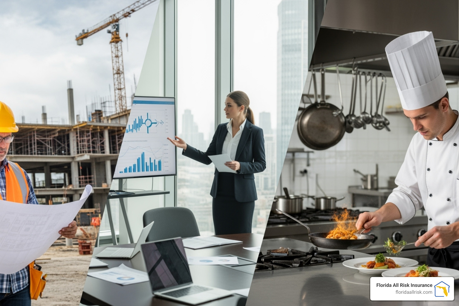 A diverse group of professionals in their work environments: a contractor on a job site, a consultant in an office, and a chef in a commercial kitchen - liability insurance for business cost A diverse group of professionals in their work environments: a contractor on a job site, a consultant in an office, and a chef in a commercial kitchen - liability insurance for business cost